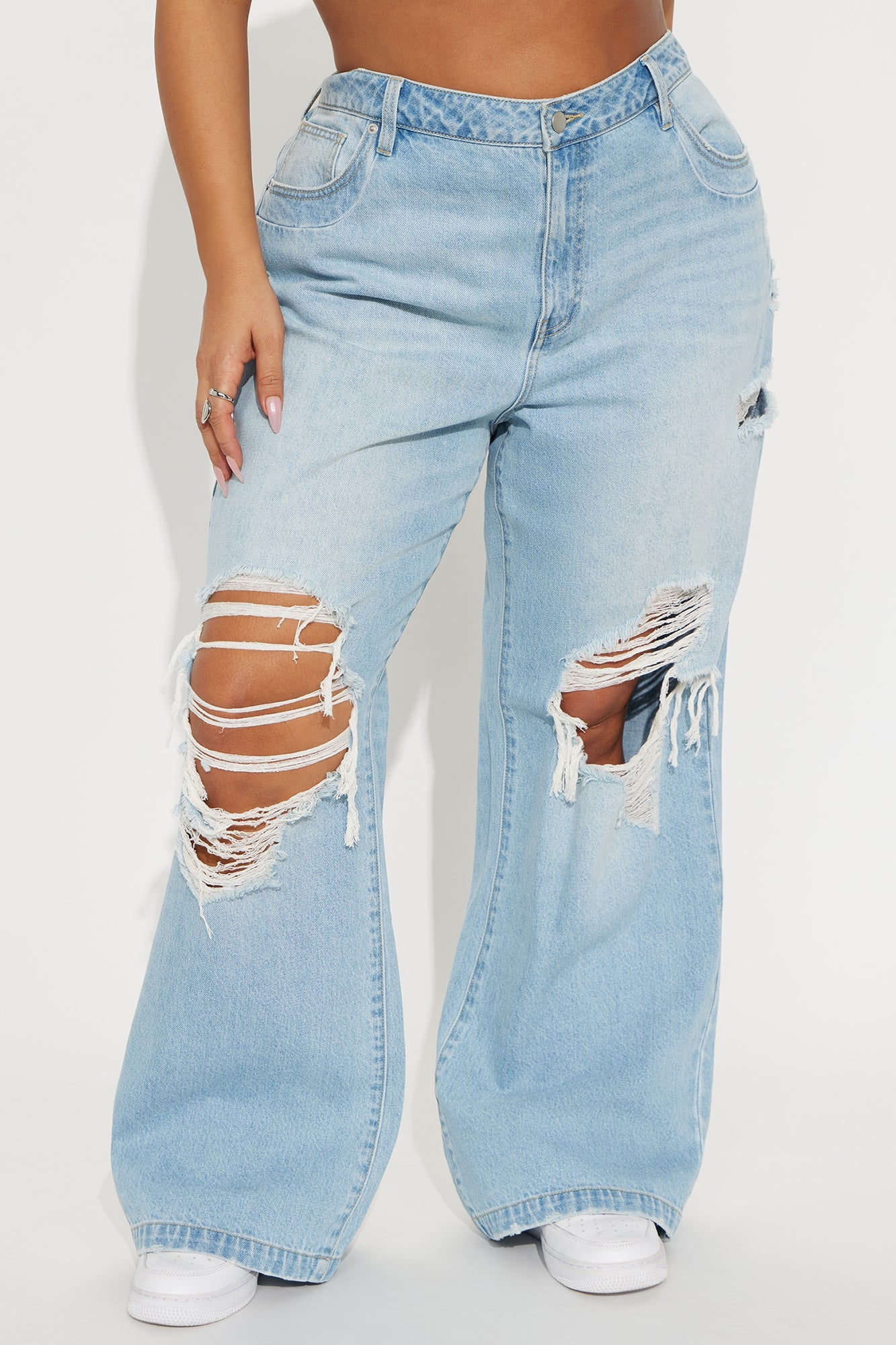 Not A Chance Ripped Non Stretch Wide Leg Jeans - Light Wash