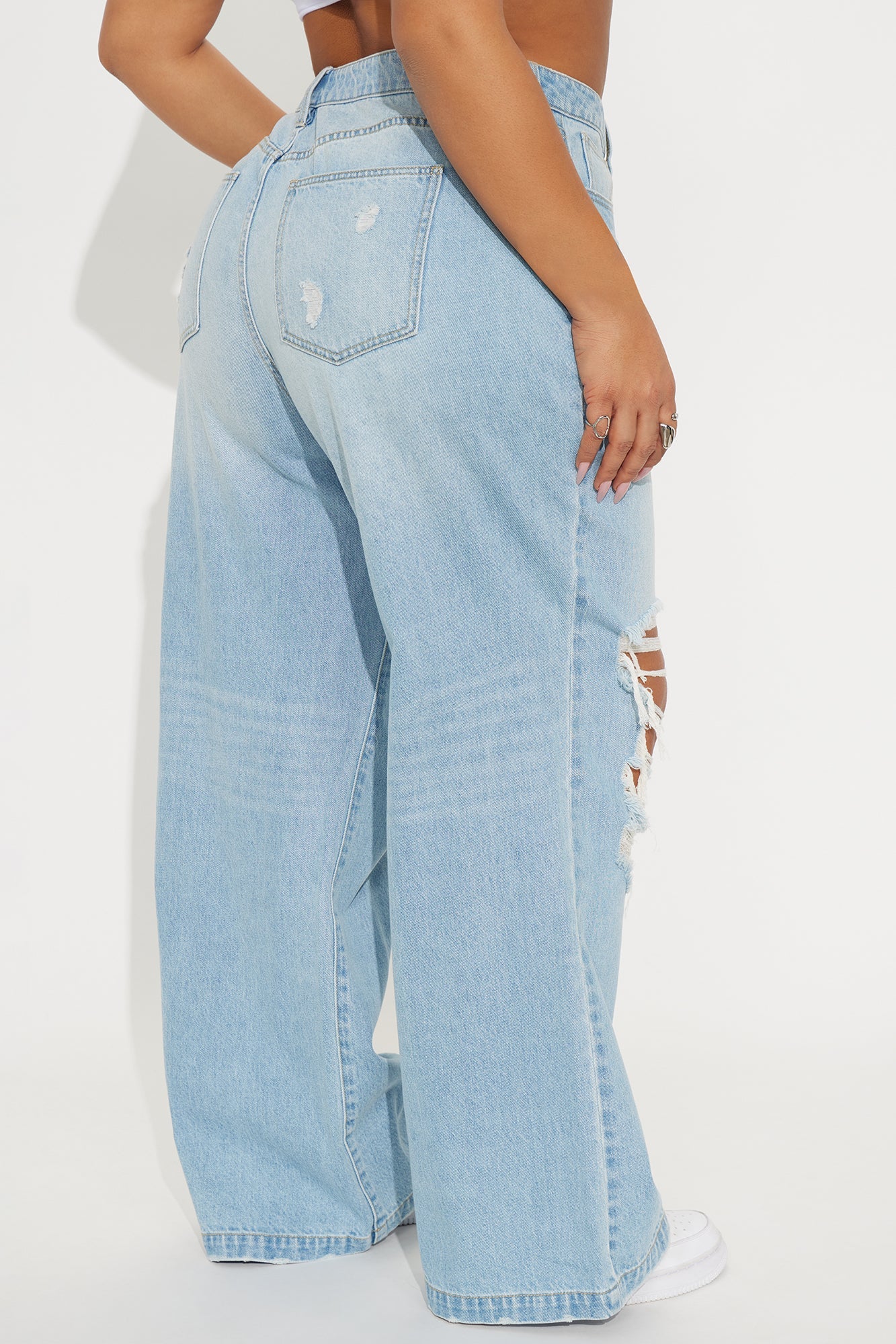 Not A Chance Ripped Non Stretch Wide Leg Jeans - Light Wash