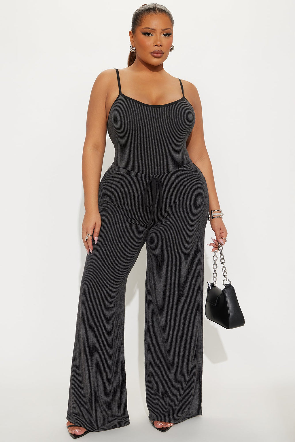 Paulette Ribbed Bodysuit Pant Set - Black