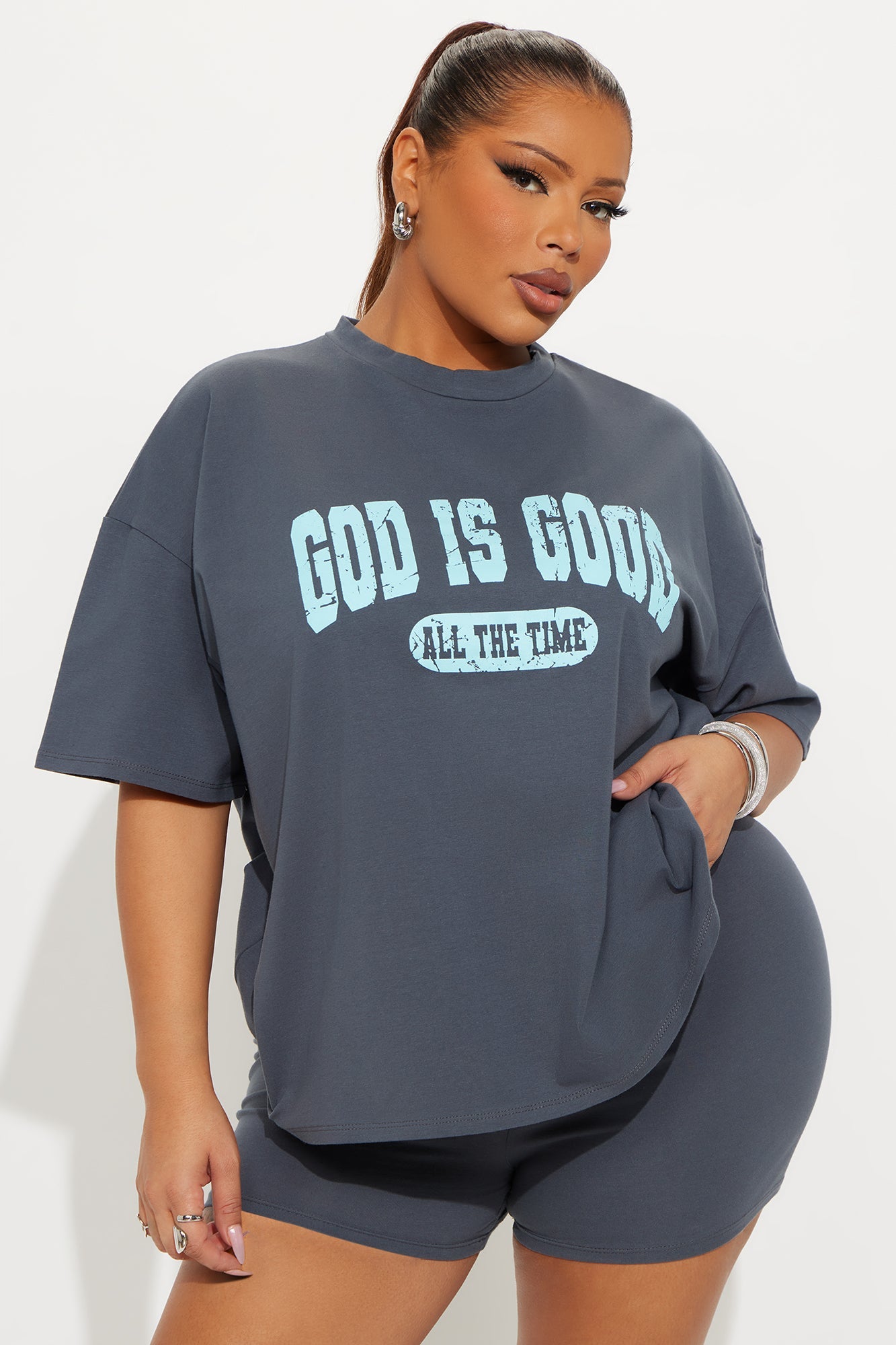 God Is Good Biker Short Set - Grey