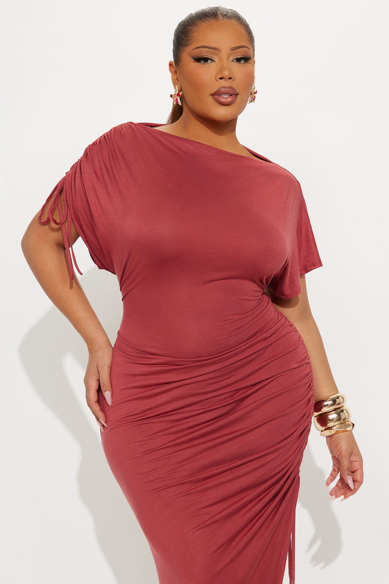 Kimberly Ruched Short Sleeve Dress - Marsala