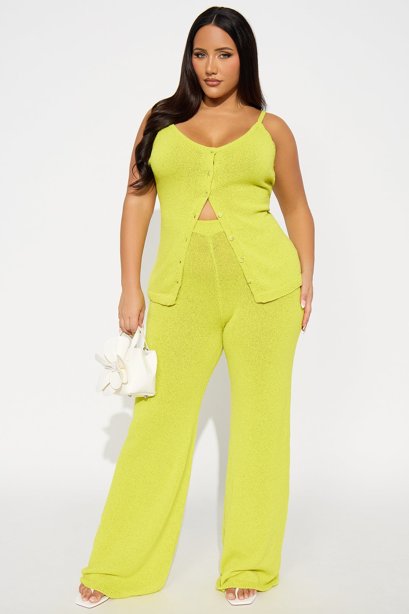 Bella Button Front Knit Pant Set - Chartreuse