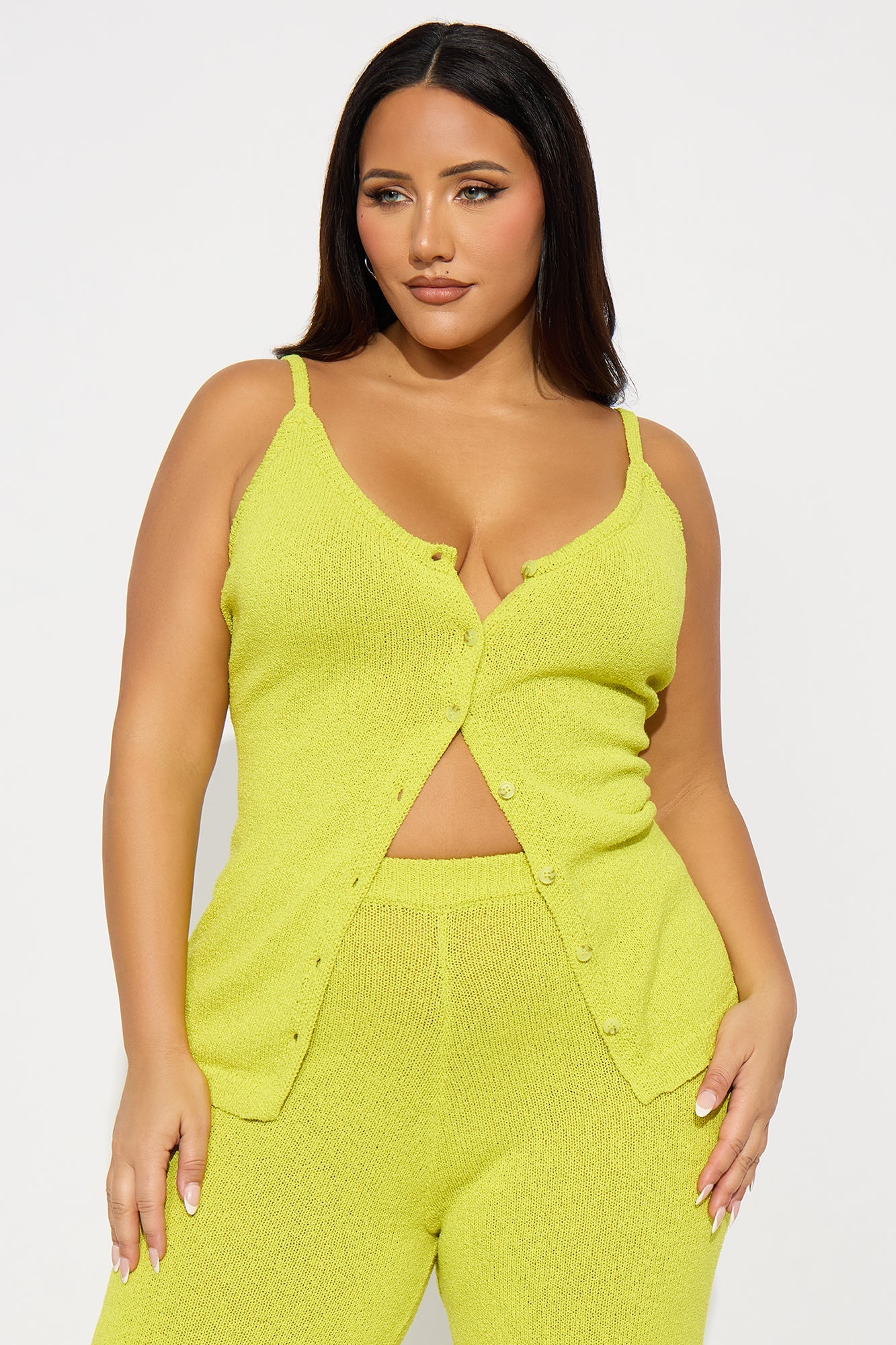 Bella Button Front Knit Pant Set - Chartreuse