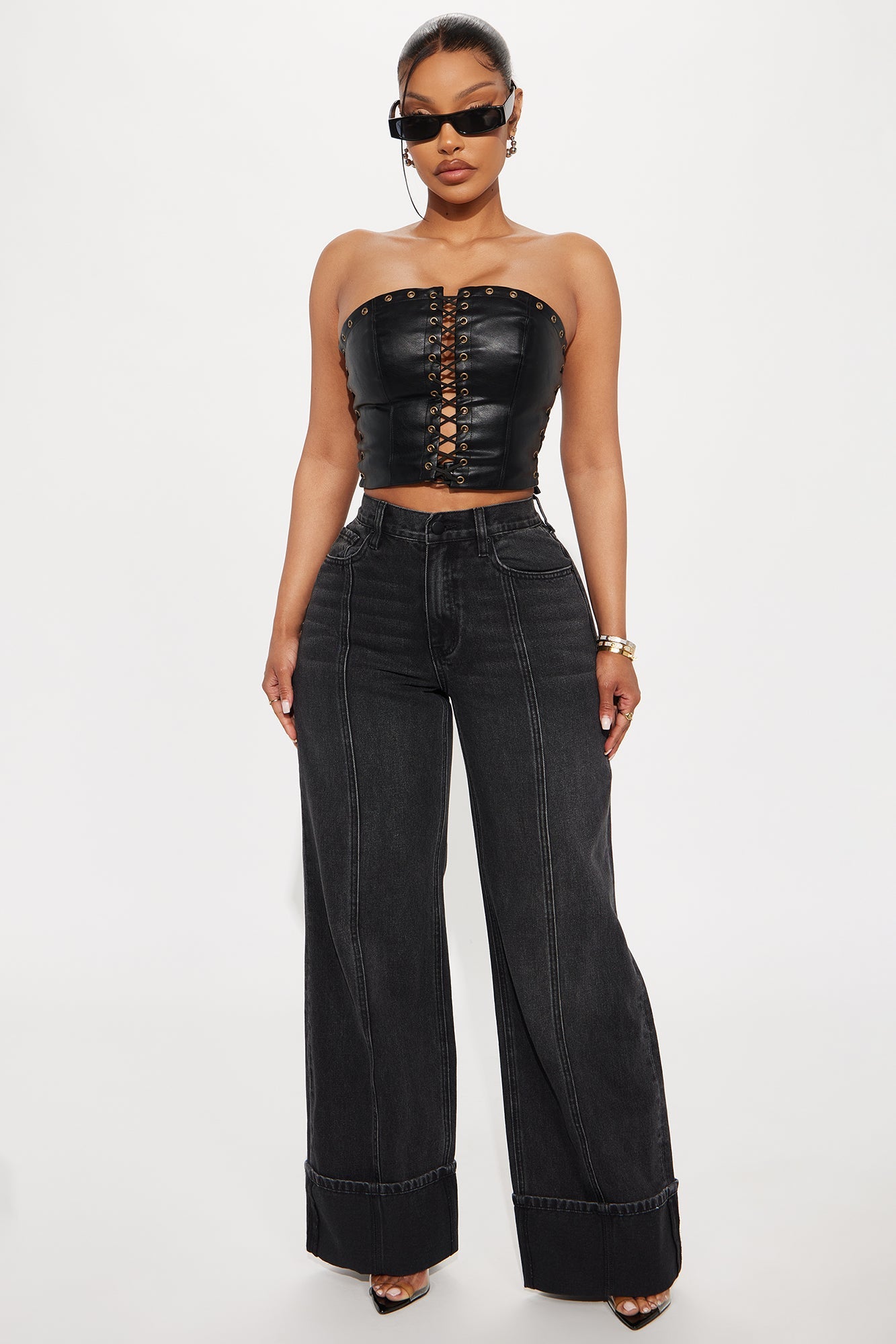 Unpredictable Cuffed Wide Leg Jeans - Black Wash