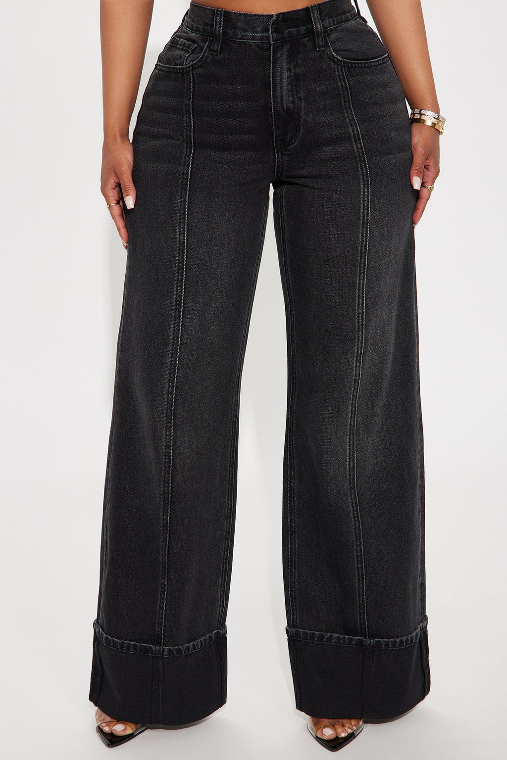 Unpredictable Cuffed Wide Leg Jeans - Black Wash