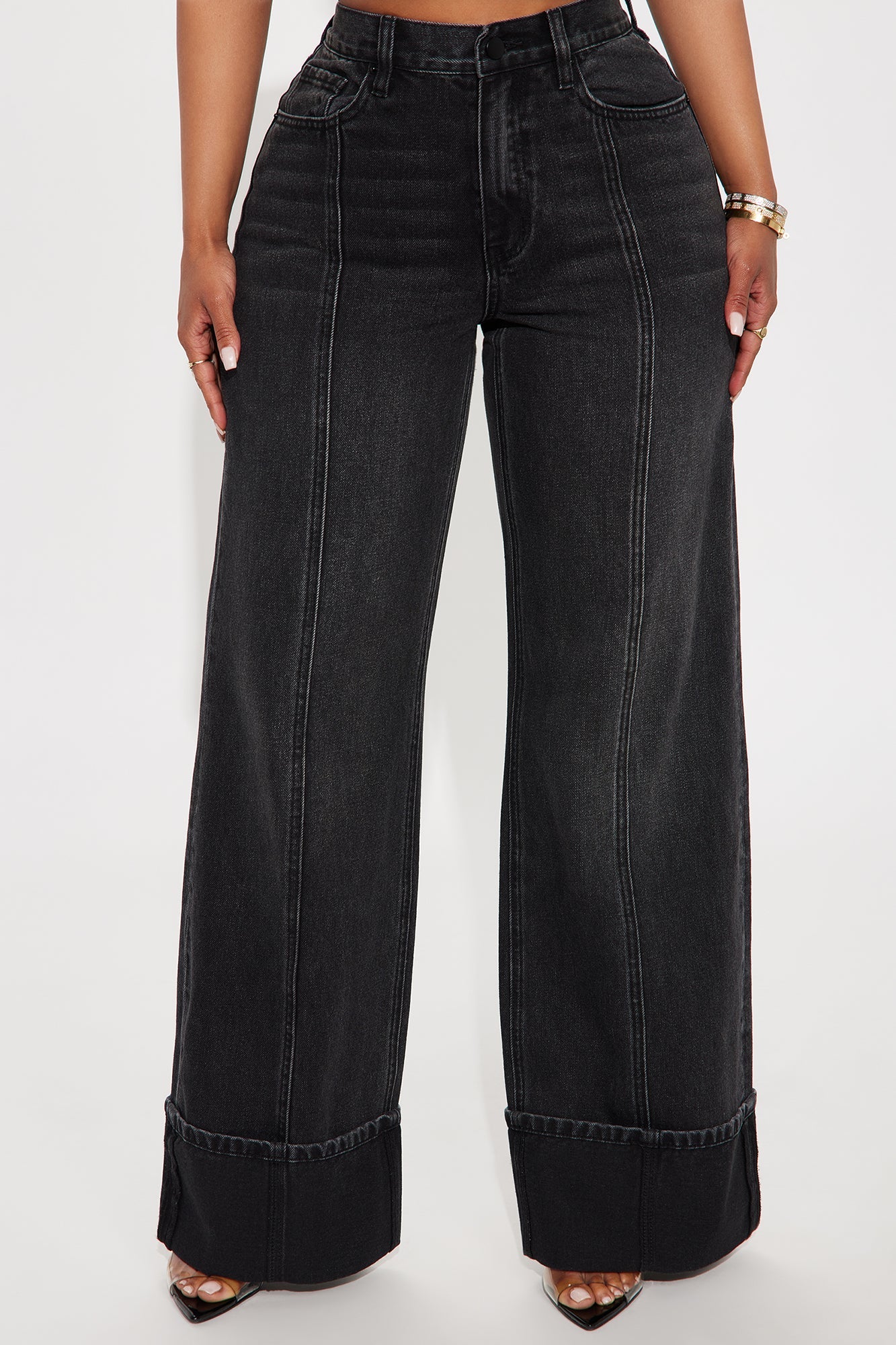 Unpredictable Cuffed Wide Leg Jeans - Black Wash
