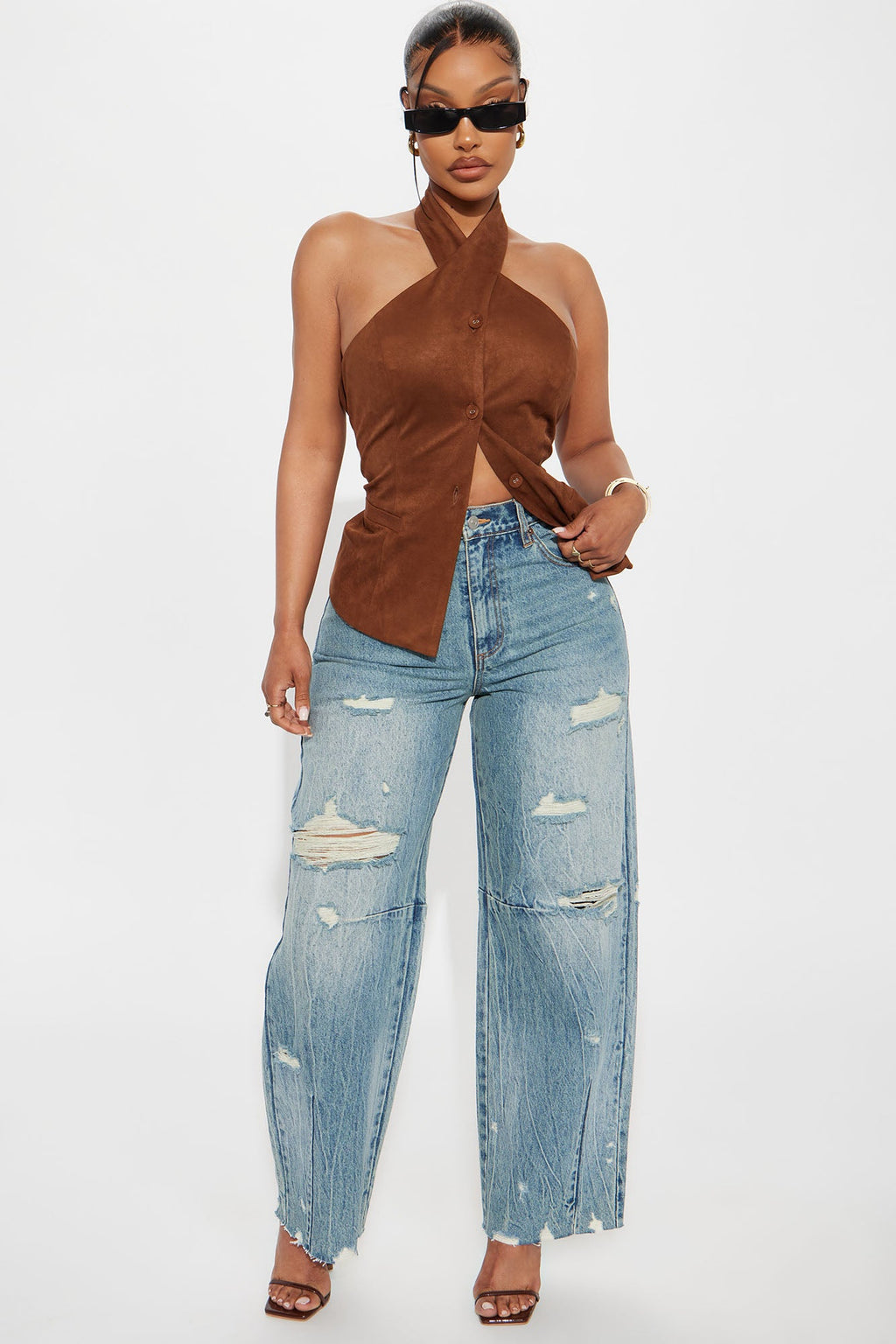 Bexy Destructed Barrel Wide Leg Jeans - Medium Wash