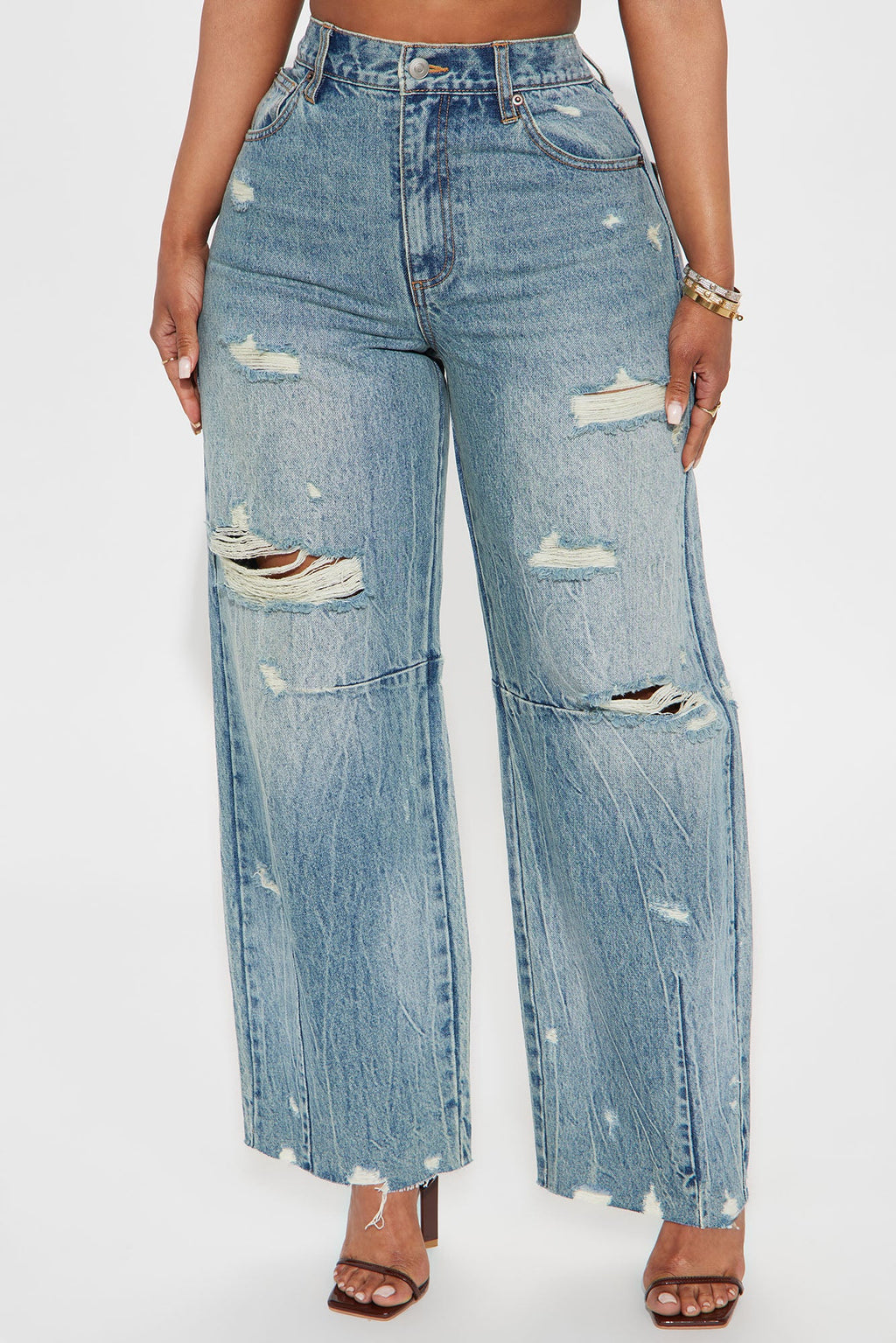 Bexy Destructed Barrel Wide Leg Jeans - Medium Wash