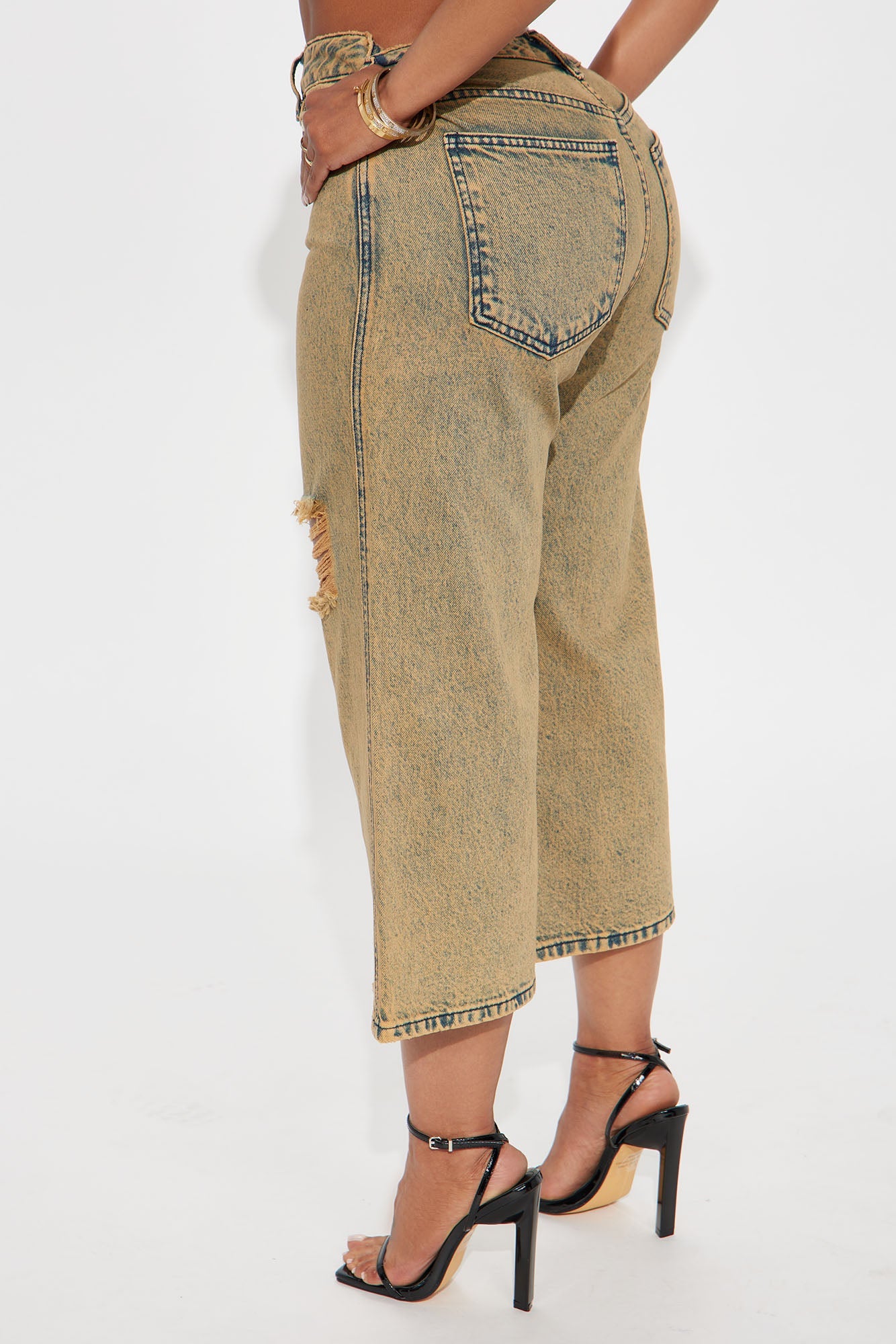 Lost And Found Cropped Ripped Wide Leg Jeans - Vintage Wash