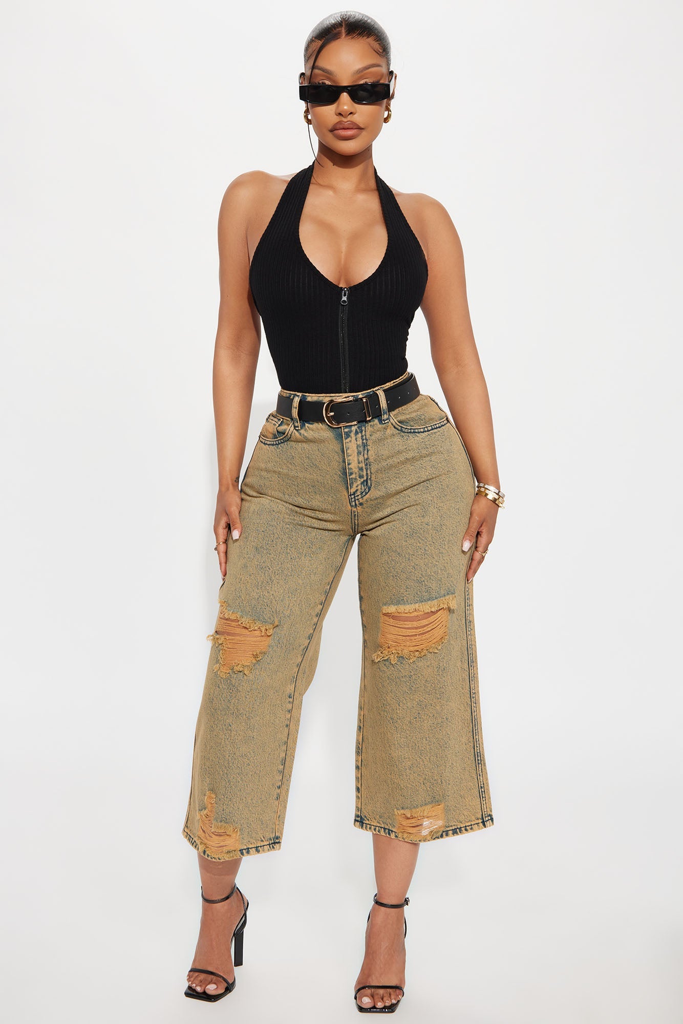 Lost And Found Cropped Ripped Wide Leg Jeans - Vintage Wash