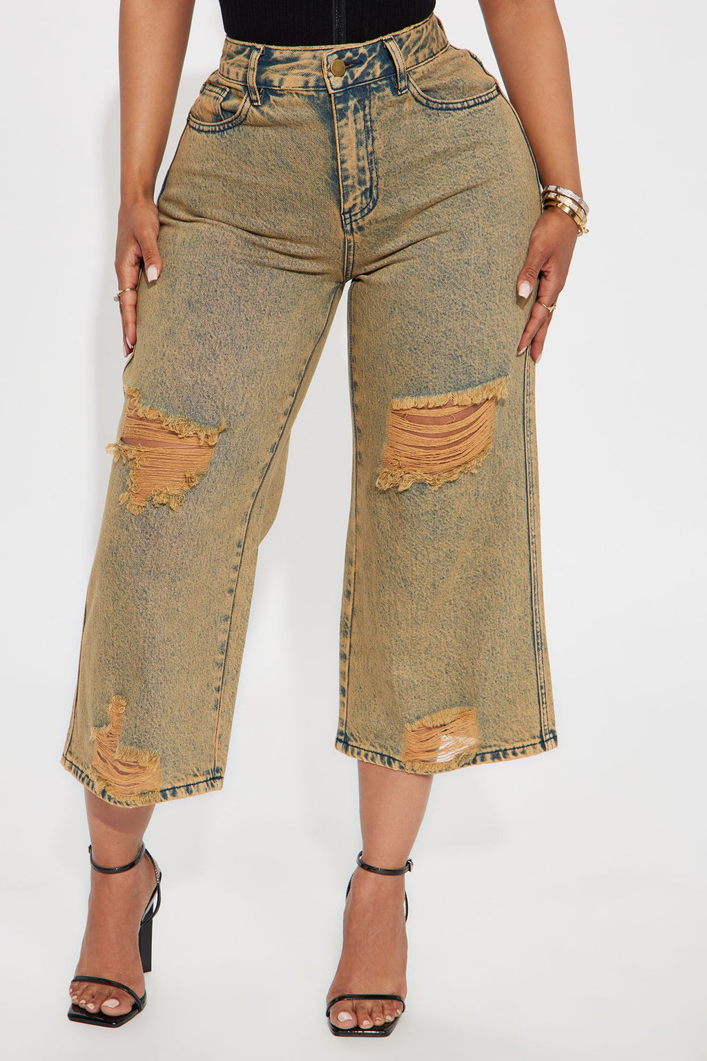 Lost And Found Cropped Ripped Wide Leg Jeans - Vintage Wash