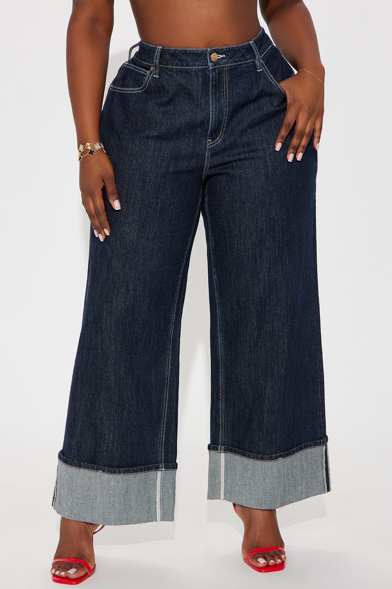 Central Park Cuffed Wide Leg Jeans - Dark Wash