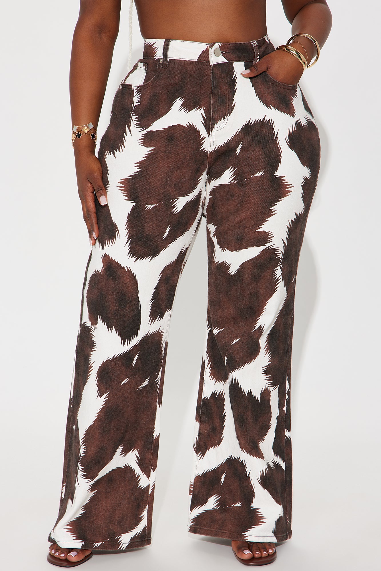 Horsing Around Printed Flare Jeans - Brown/combo