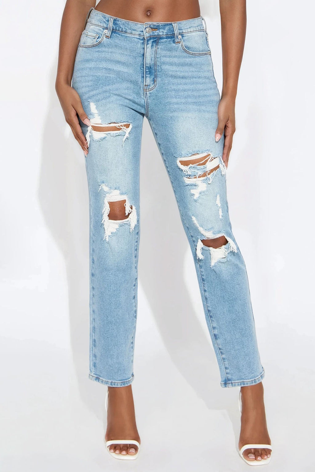 Tall Because I Said So Destroyed Mom Jeans - Medium Blue Wash