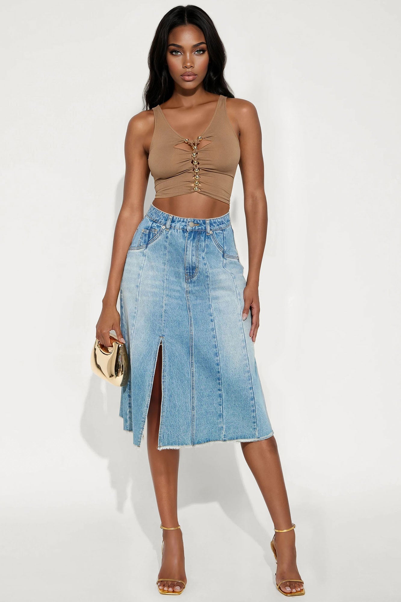 Sammy Denim Pleated Midi Skirt - Medium Wash