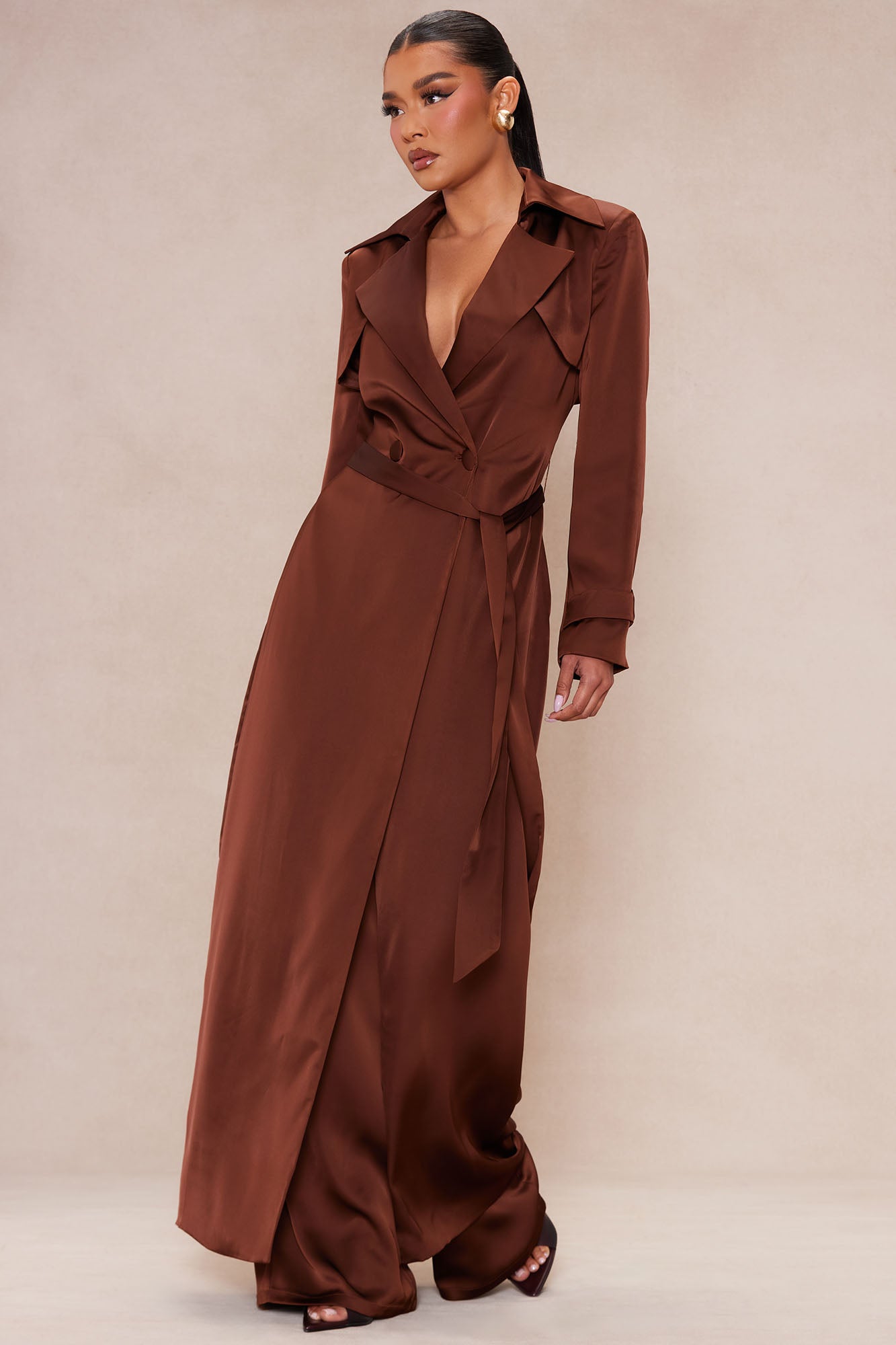 Gabriella Satin Trench Coat And Pant Set - Chocolate