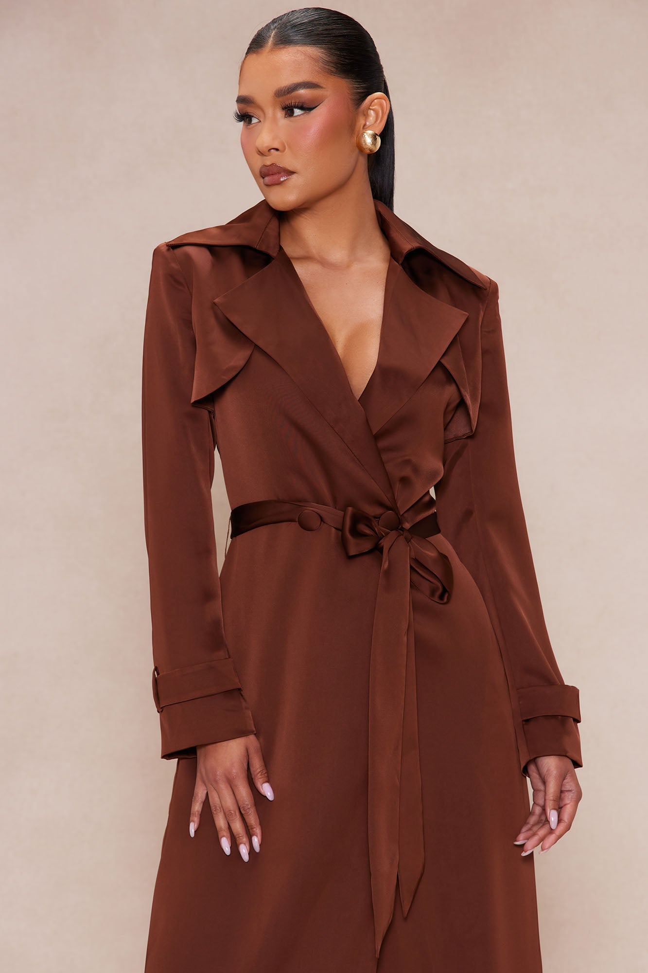 Gabriella Satin Trench Coat And Pant Set - Chocolate