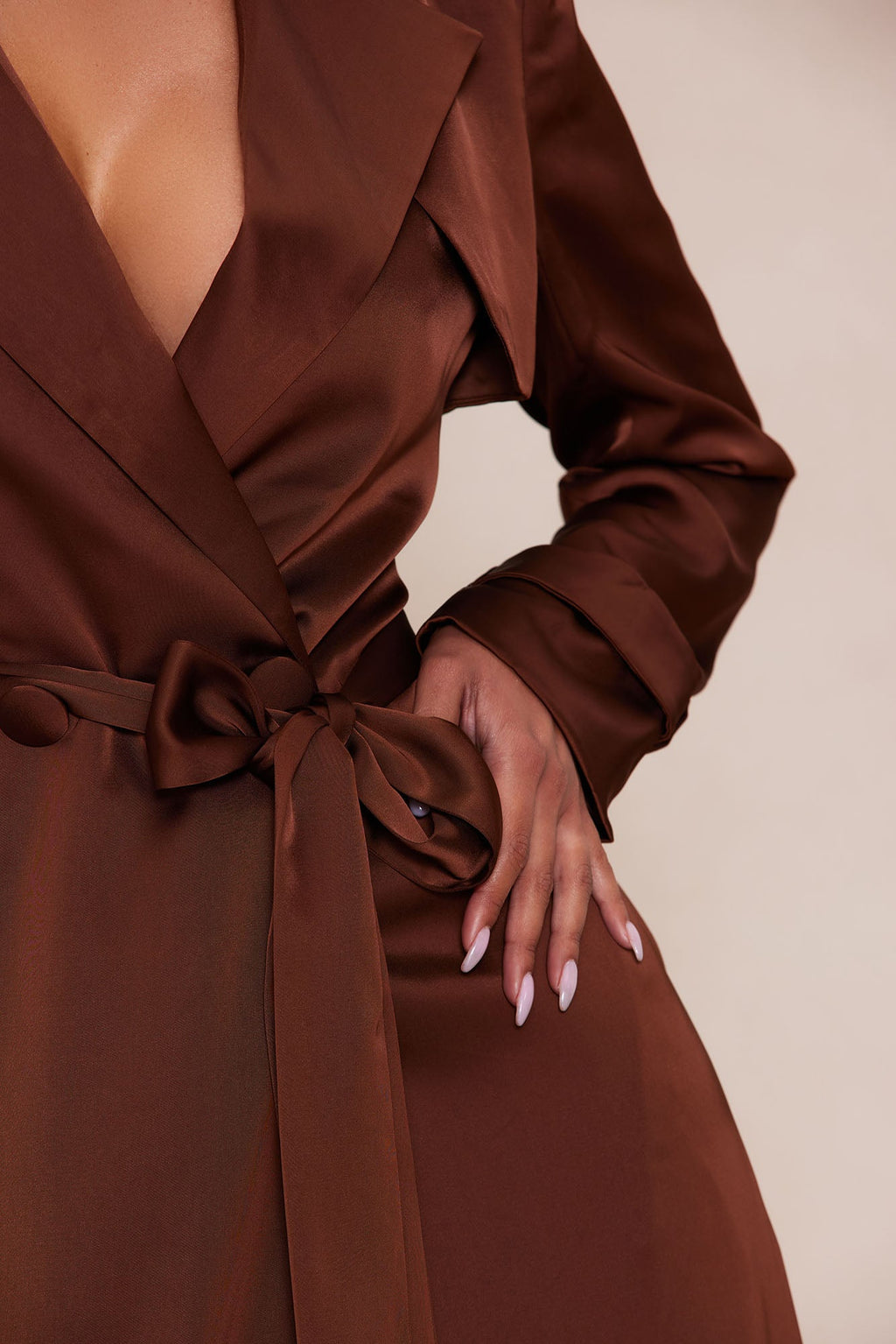 Gabriella Satin Trench Coat And Pant Set - Chocolate