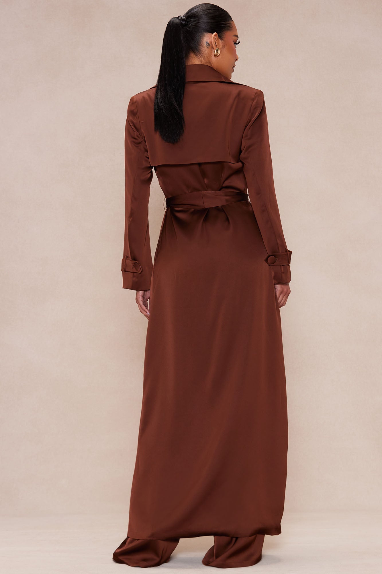 Gabriella Satin Trench Coat And Pant Set - Chocolate