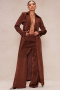 Gabriella Satin Trench Coat And Pant Set - Chocolate