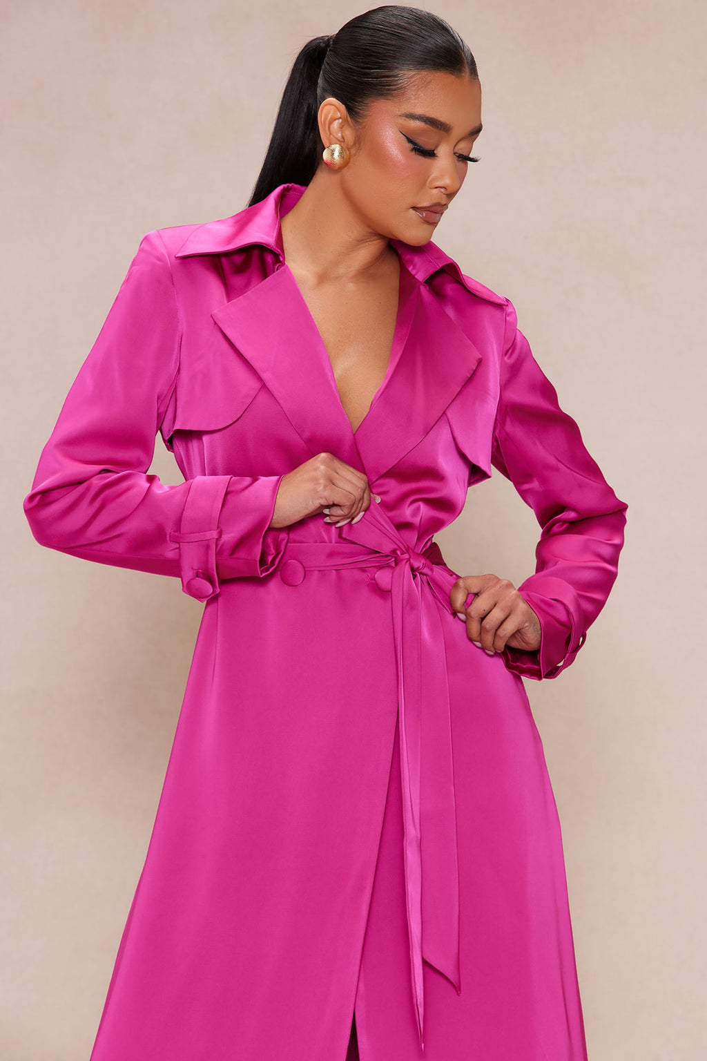 Gabriella Satin Trench Coat And Pant Set - Hot Pink
