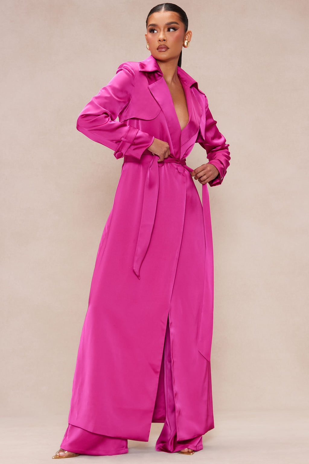Gabriella Satin Trench Coat And Pant Set - Hot Pink