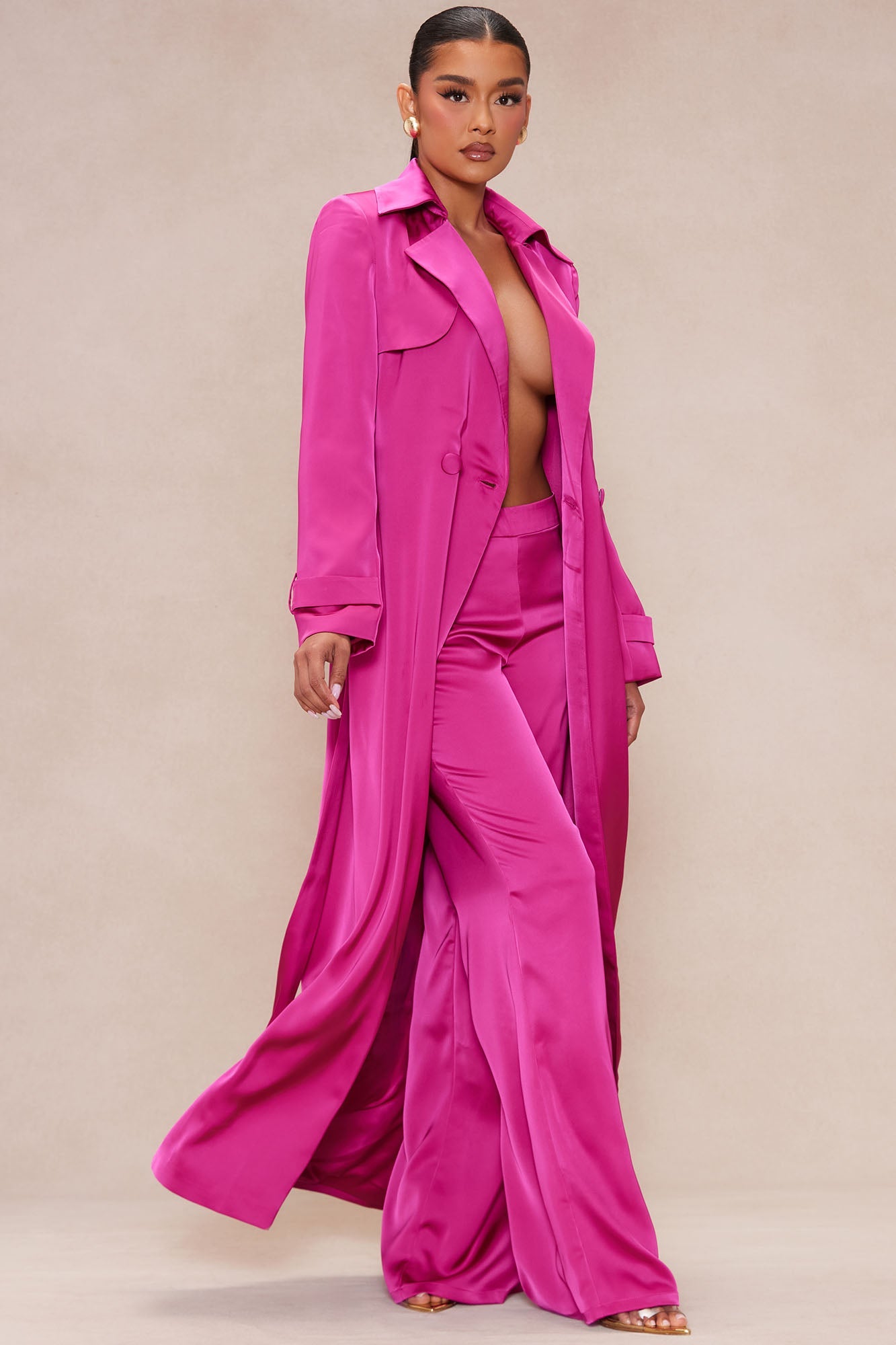 Gabriella Satin Trench Coat And Pant Set - Hot Pink