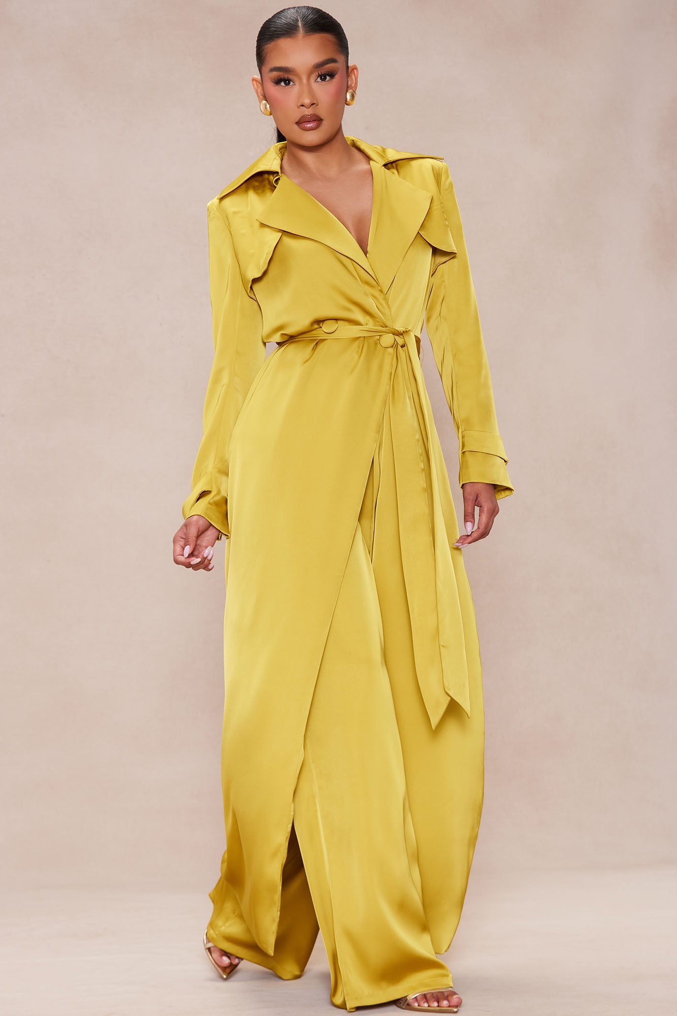 Gabriella Satin Trench Coat And Pant Set - Chartreuse
