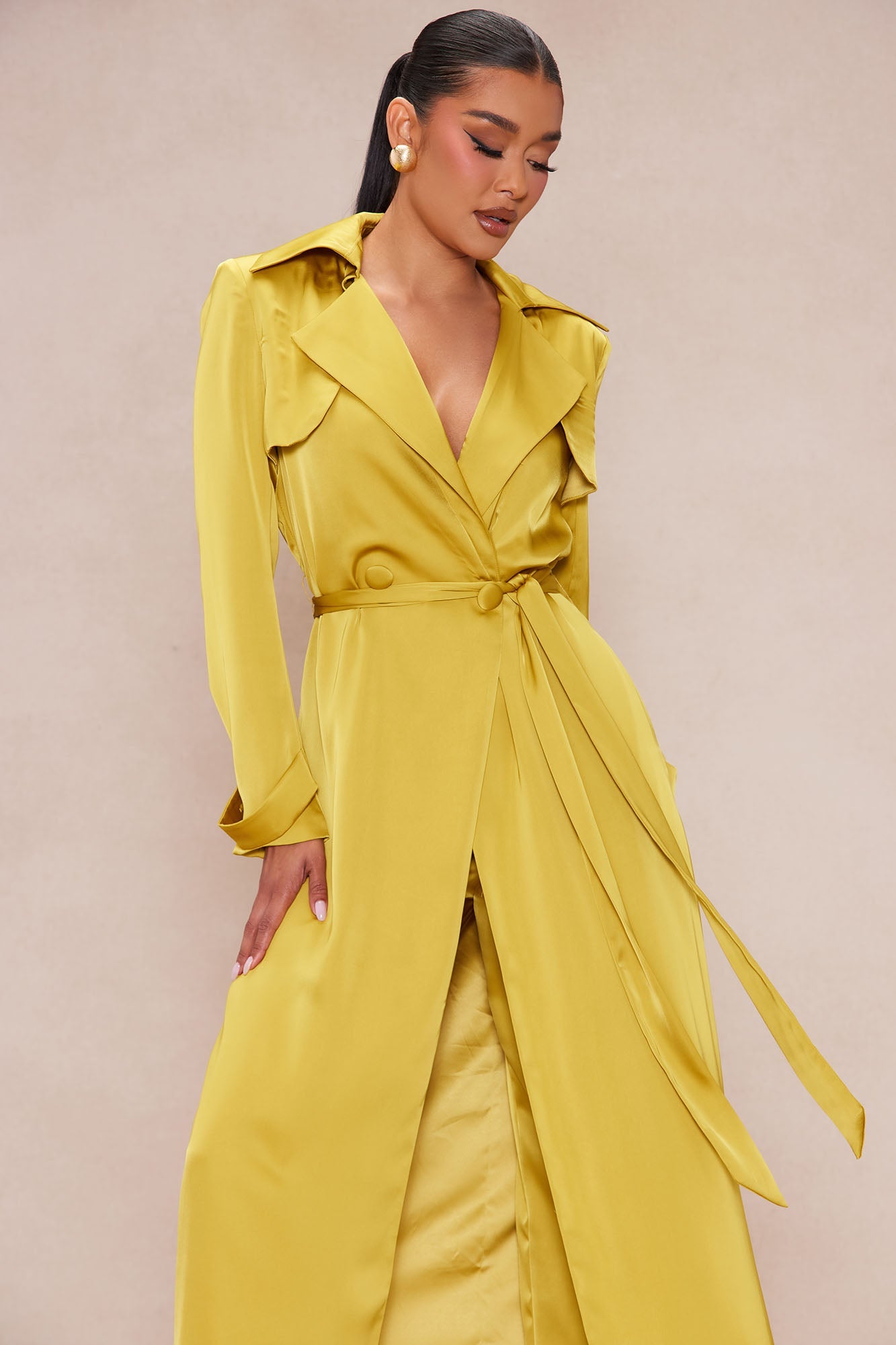Gabriella Satin Trench Coat And Pant Set - Chartreuse