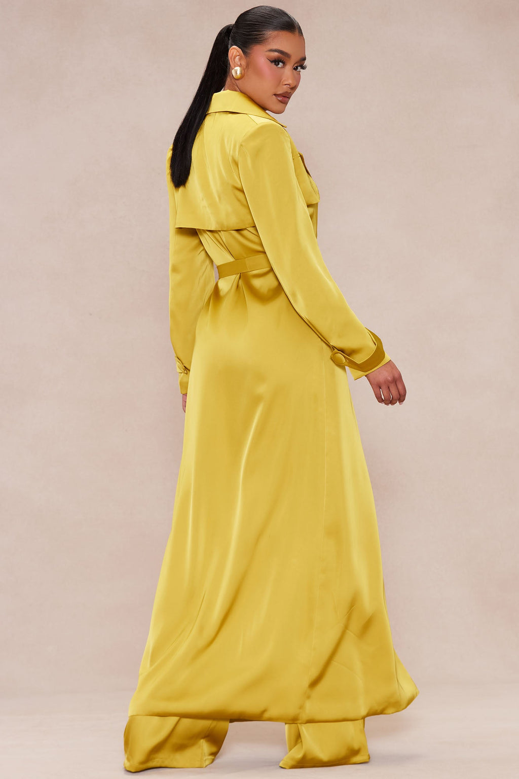 Gabriella Satin Trench Coat And Pant Set - Chartreuse