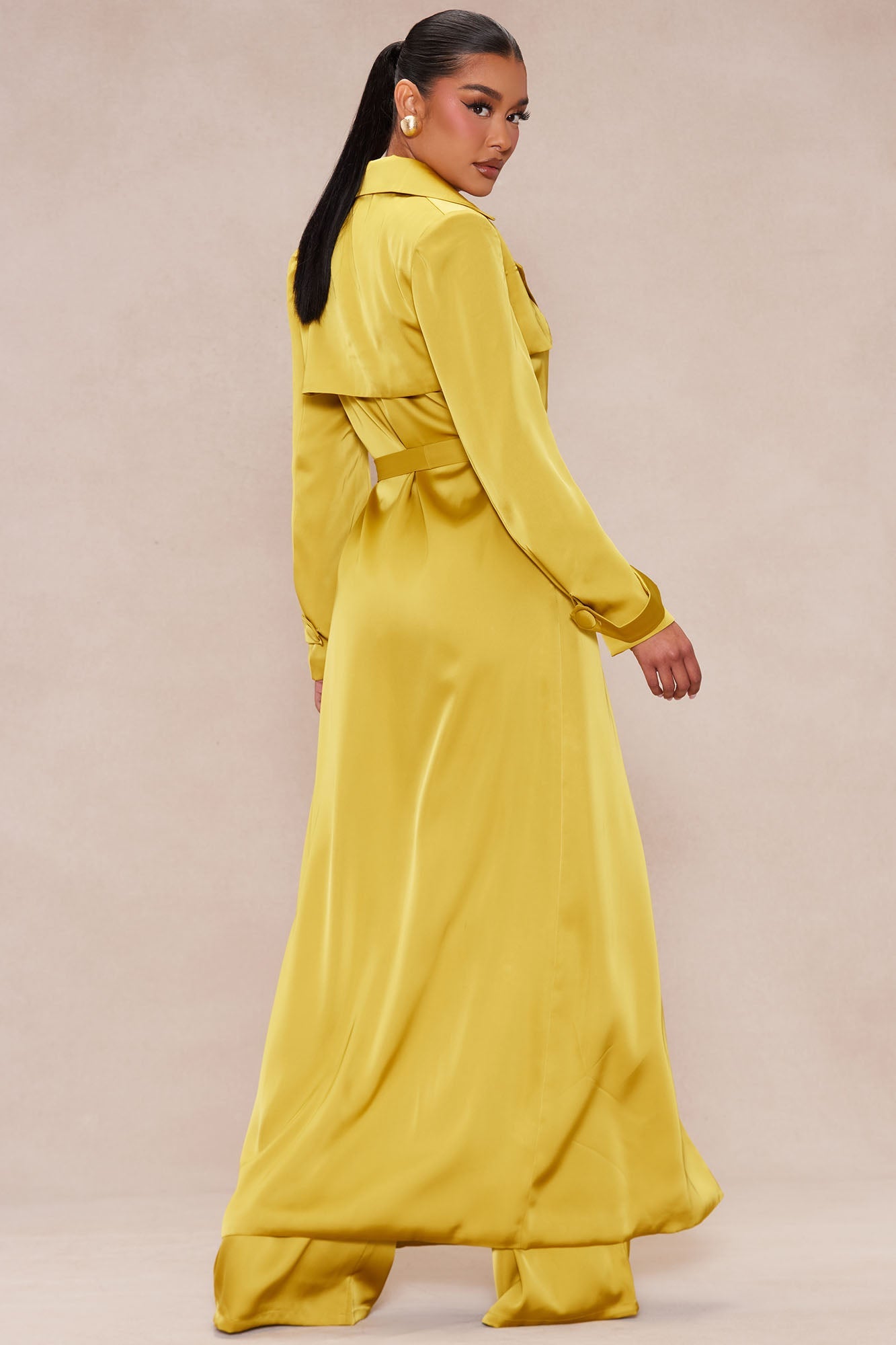 Gabriella Satin Trench Coat And Pant Set - Chartreuse