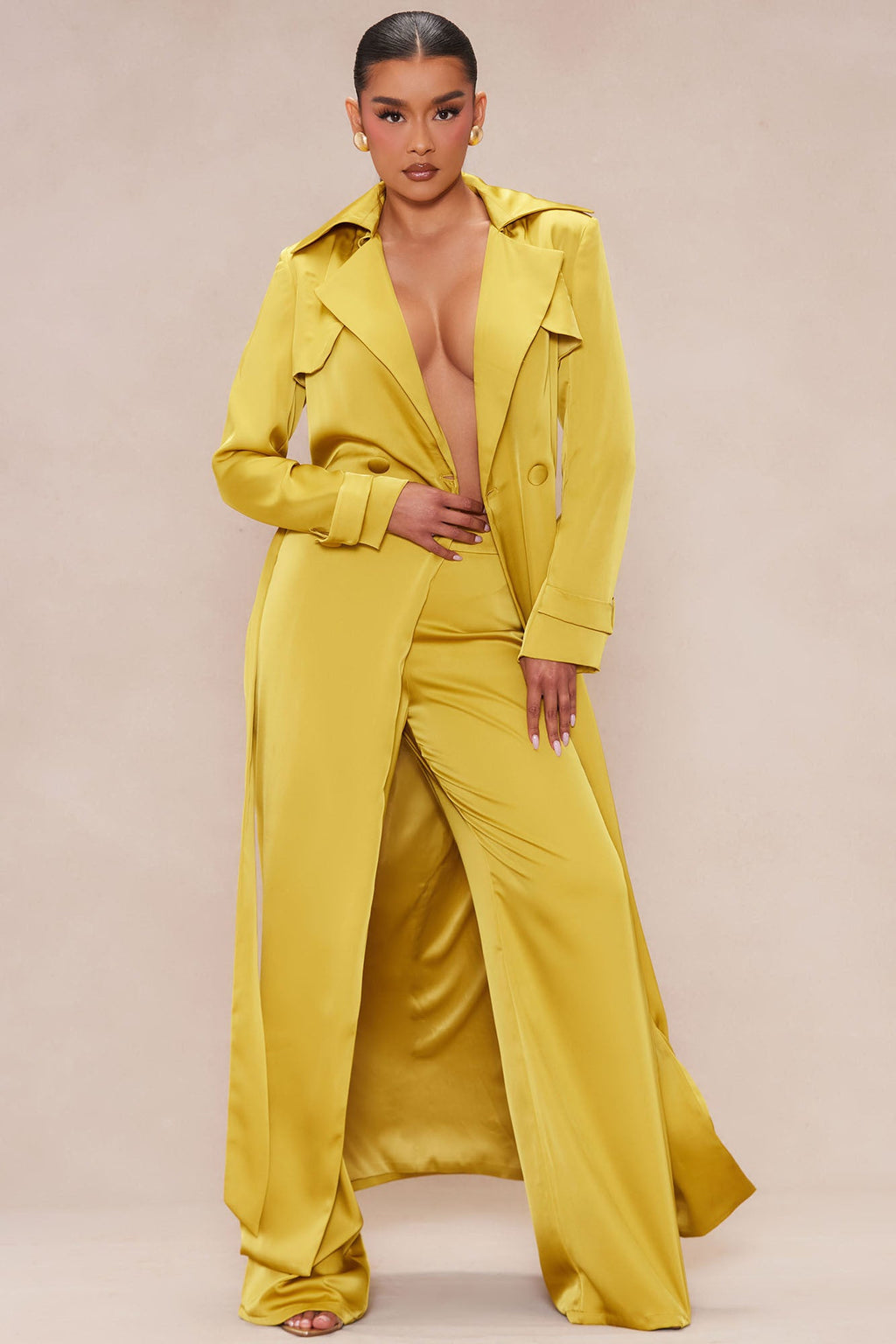 Gabriella Satin Trench Coat And Pant Set - Chartreuse