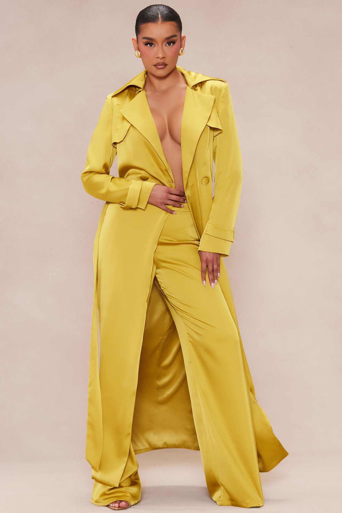 Gabriella Satin Trench Coat And Pant Set - Chartreuse