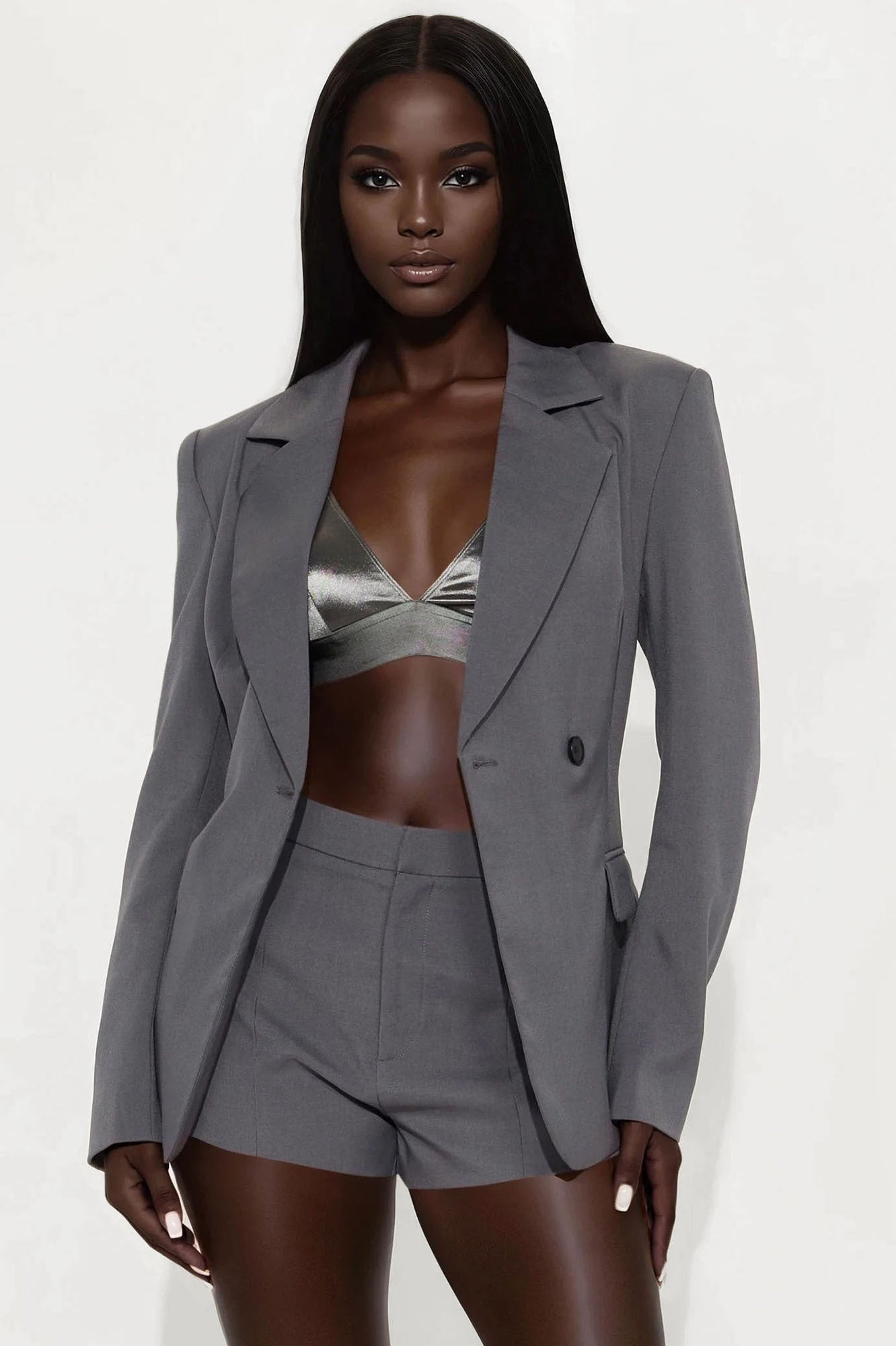 Ines Cinched Waist Asymmetrical Blazer - Grey