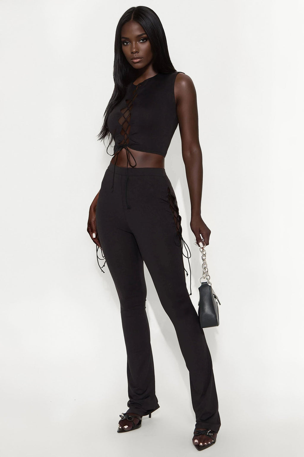 Emani Sleeveless Lace Up Flare Leg Pant Set - Black