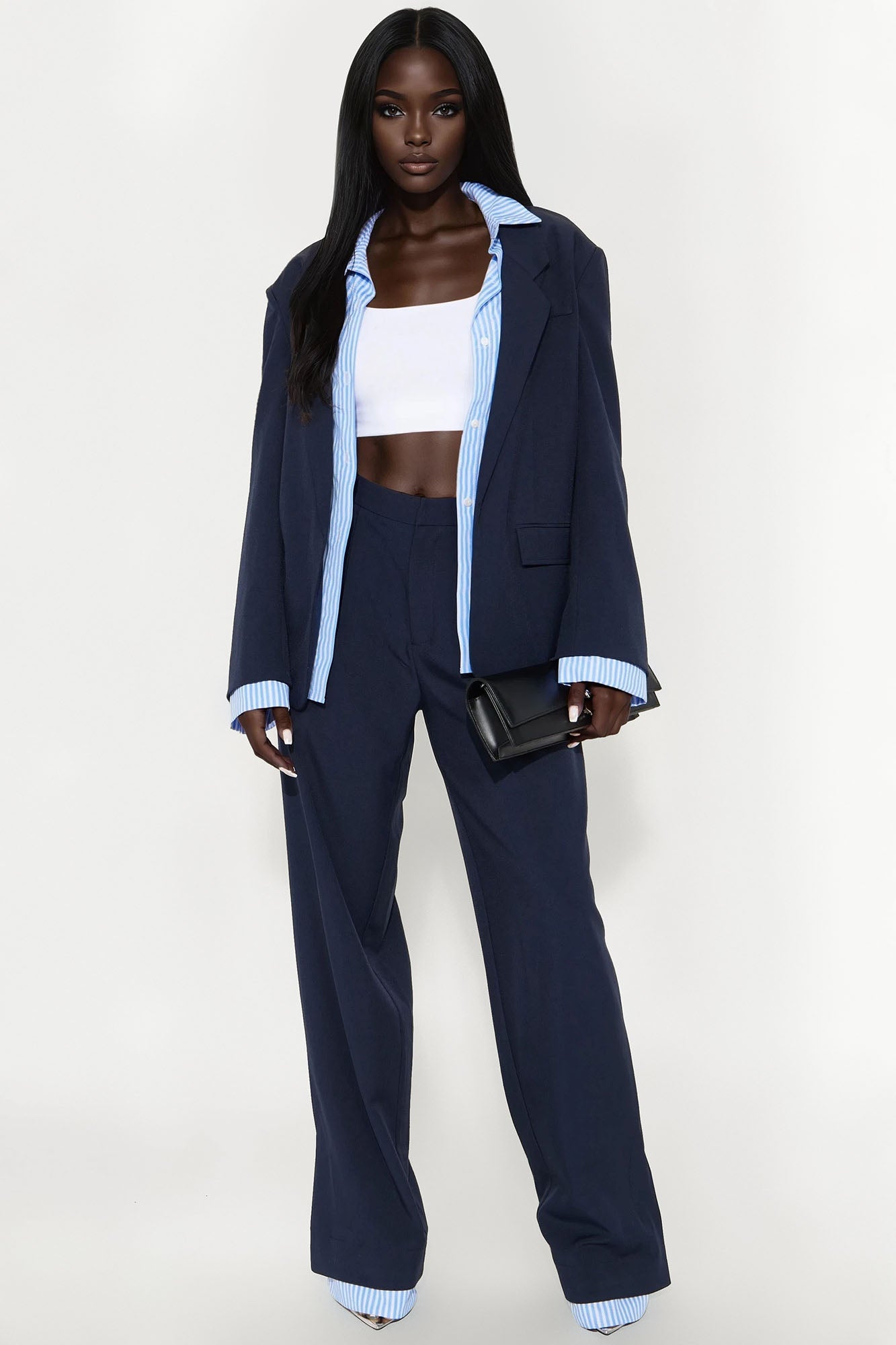 Put In Work Oversized Striped Shirt Inset Blazer - Navy