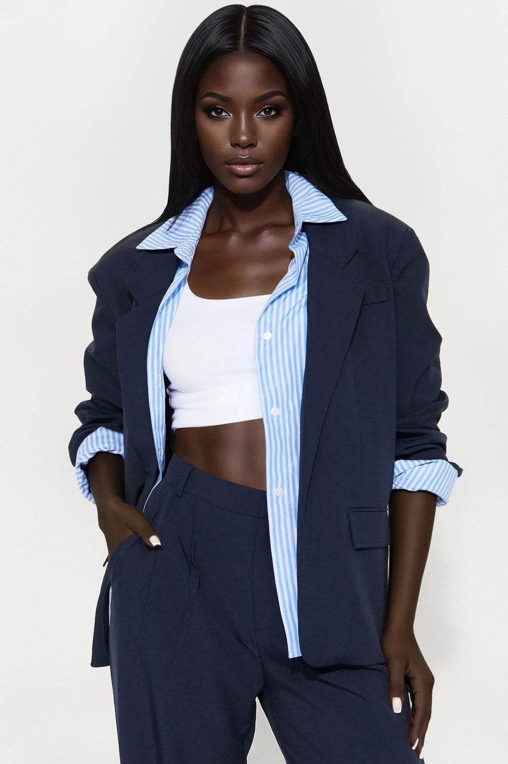 Put In Work Oversized Striped Shirt Inset Blazer - Navy