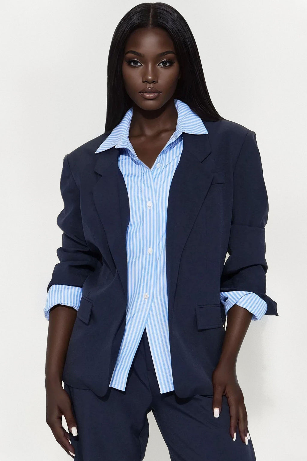 Put In Work Oversized Striped Shirt Inset Blazer - Navy