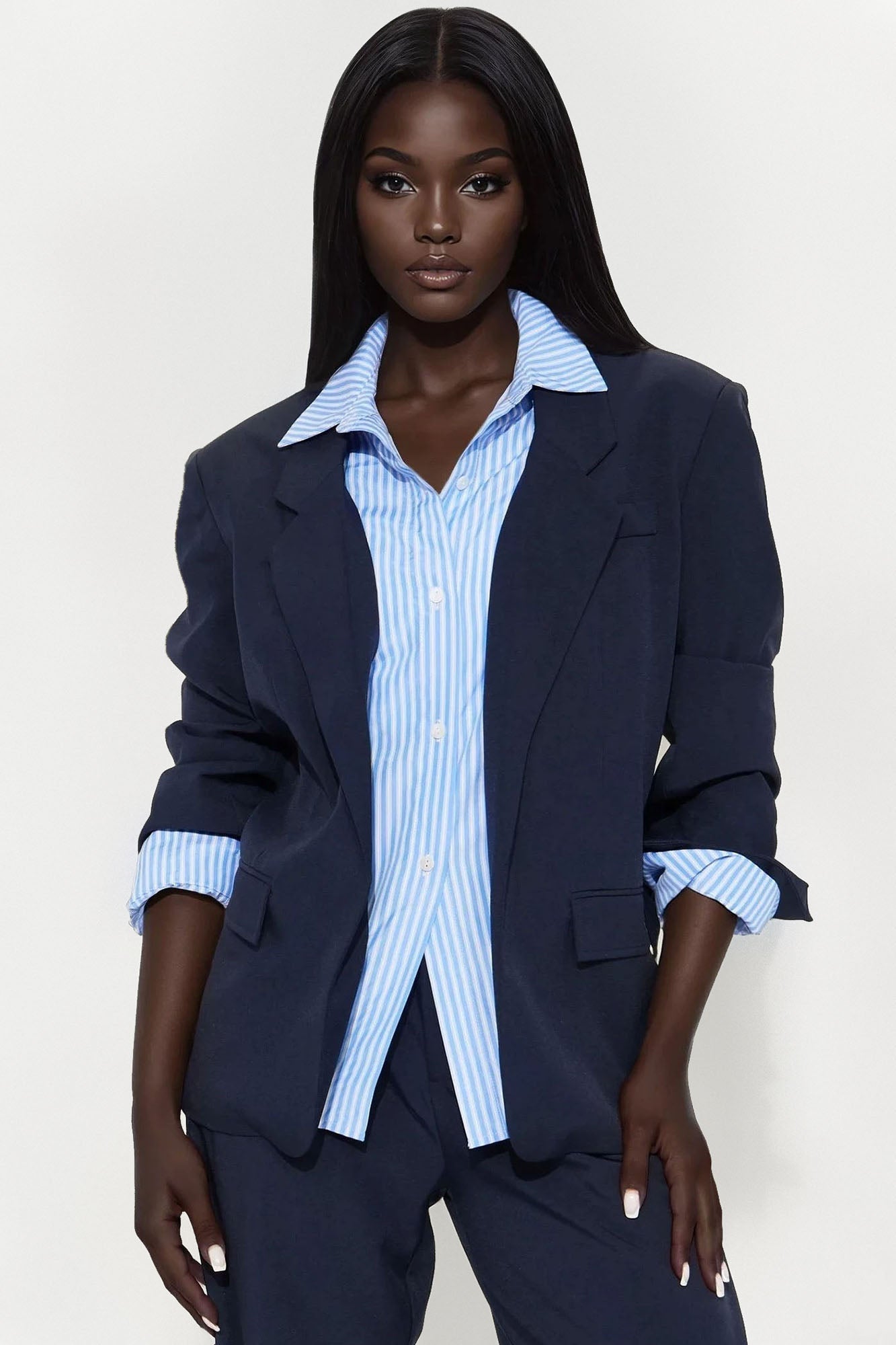 Put In Work Oversized Striped Shirt Inset Blazer - Navy