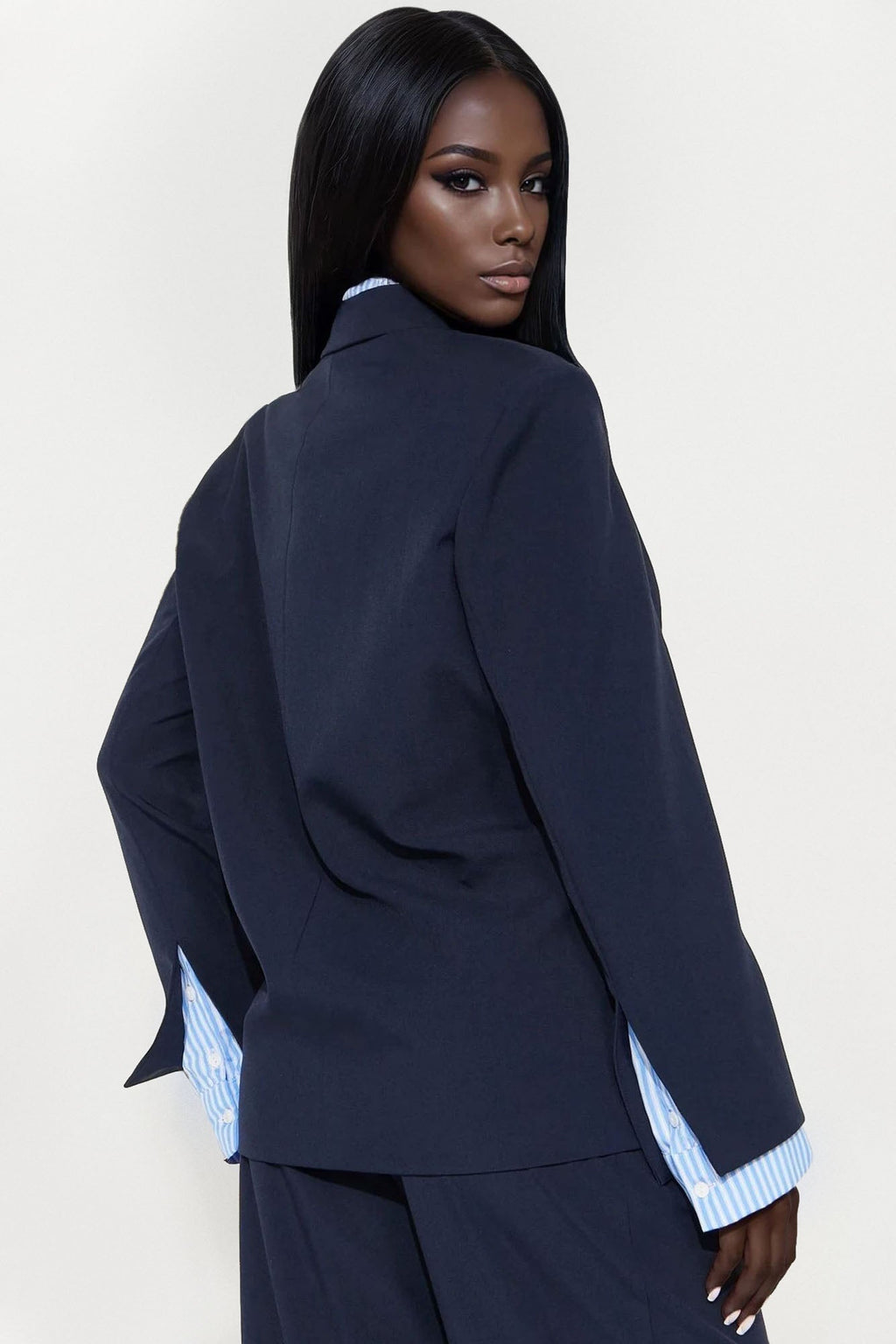 Put In Work Oversized Striped Shirt Inset Blazer - Navy