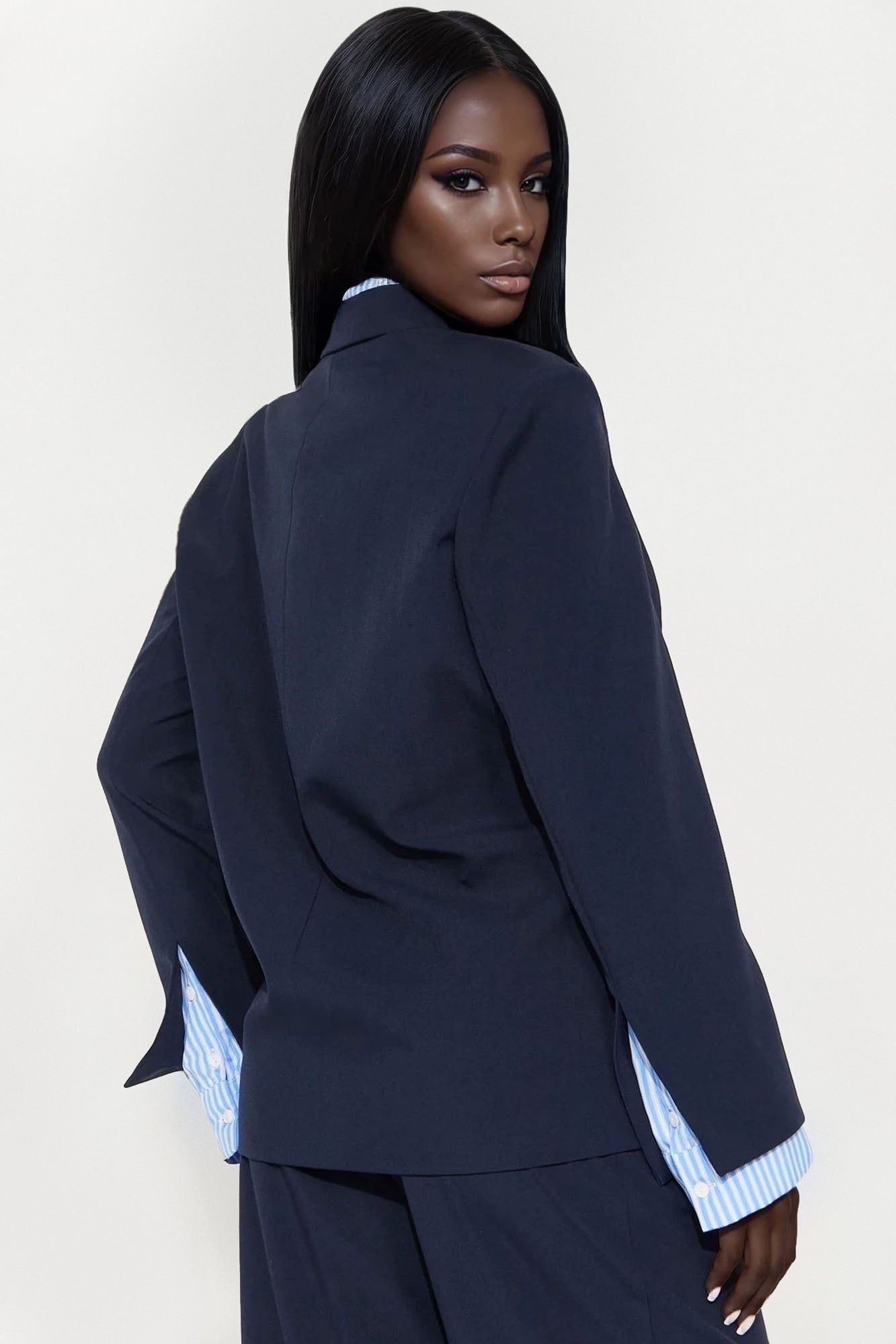 Put In Work Oversized Striped Shirt Inset Blazer - Navy