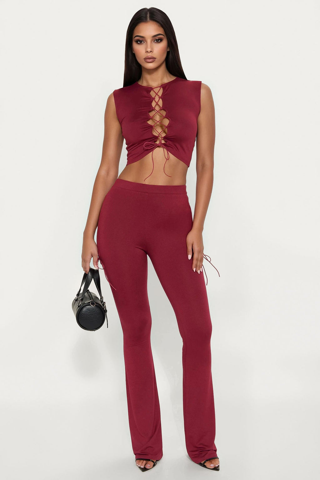 Emani Sleeveless Lace Up Flare Leg Pant Set - Wine