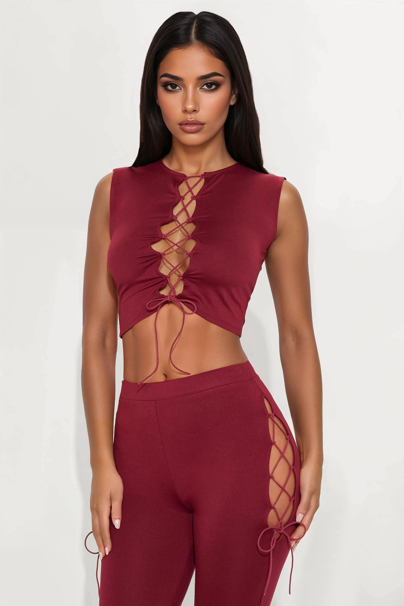Emani Sleeveless Lace Up Flare Leg Pant Set - Wine