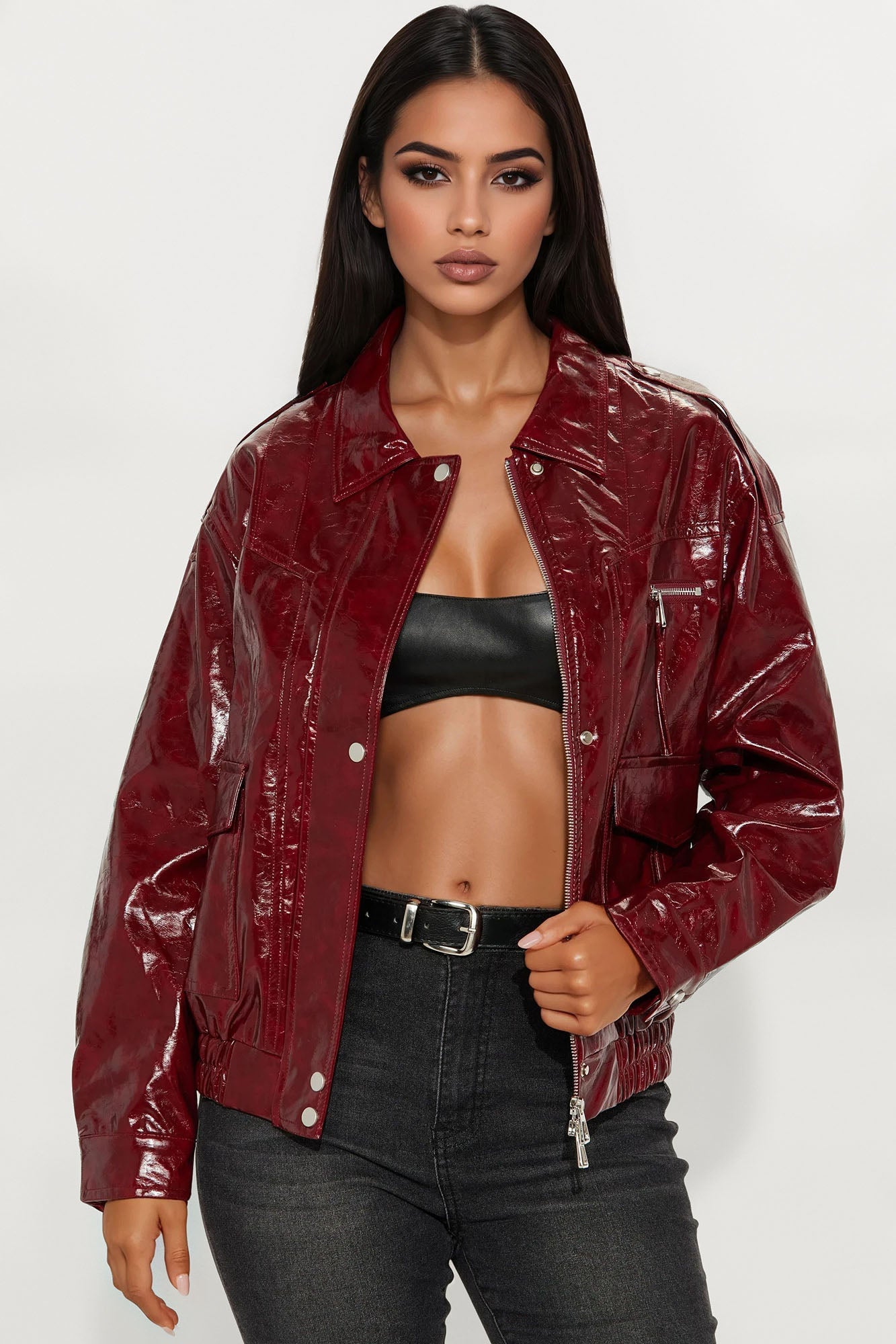 Follow My Lead Faux Leather Oversized Bomber Jacket - Burgundy