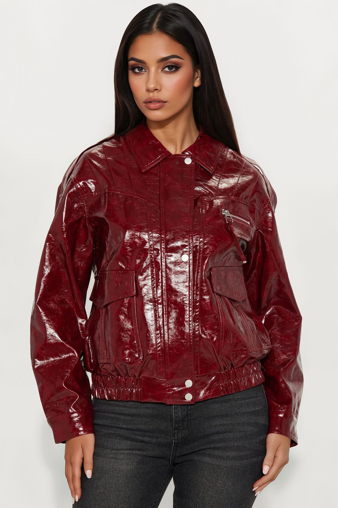 Follow My Lead Faux Leather Oversized Bomber Jacket - Burgundy