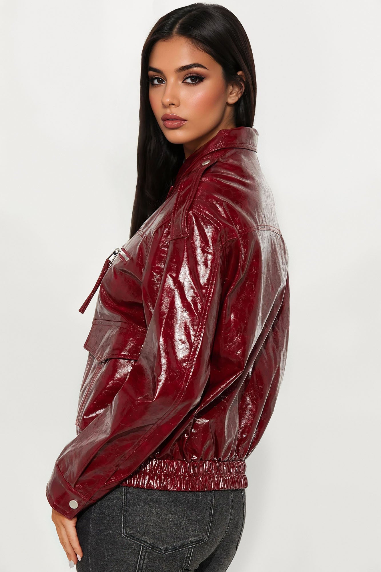 Follow My Lead Faux Leather Oversized Bomber Jacket - Burgundy