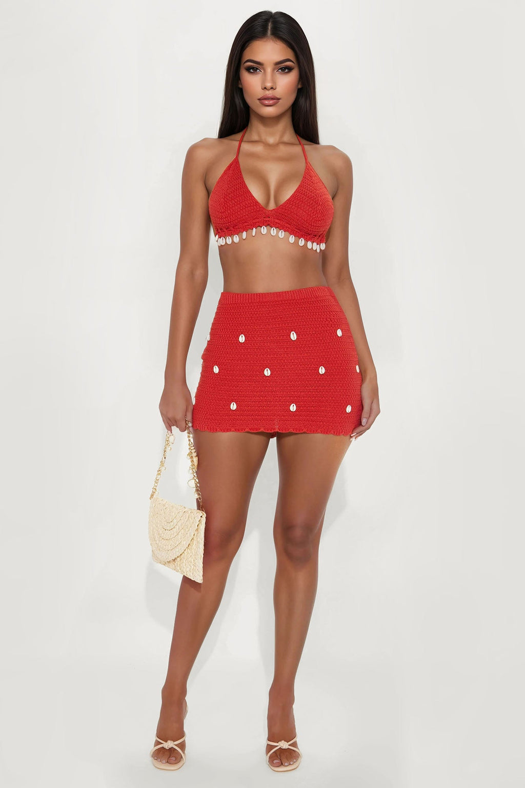 Karly Crochet Seashells Halter Mini Skirt Set - Rust