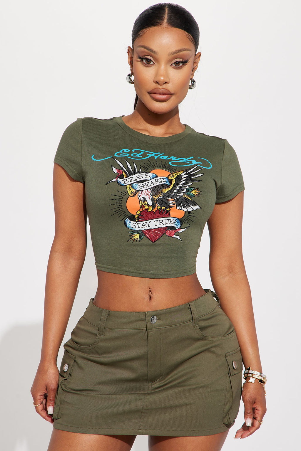 Ed Hardy Eagle Rhinestone Tee - Olive