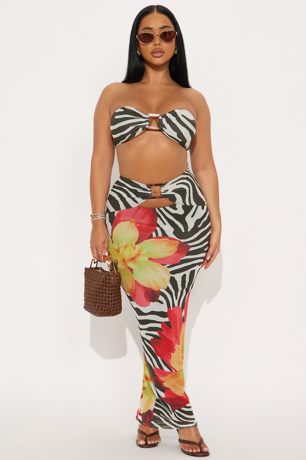 Exotic Breeze Mesh Maxi Skirt Set - Brown/combo