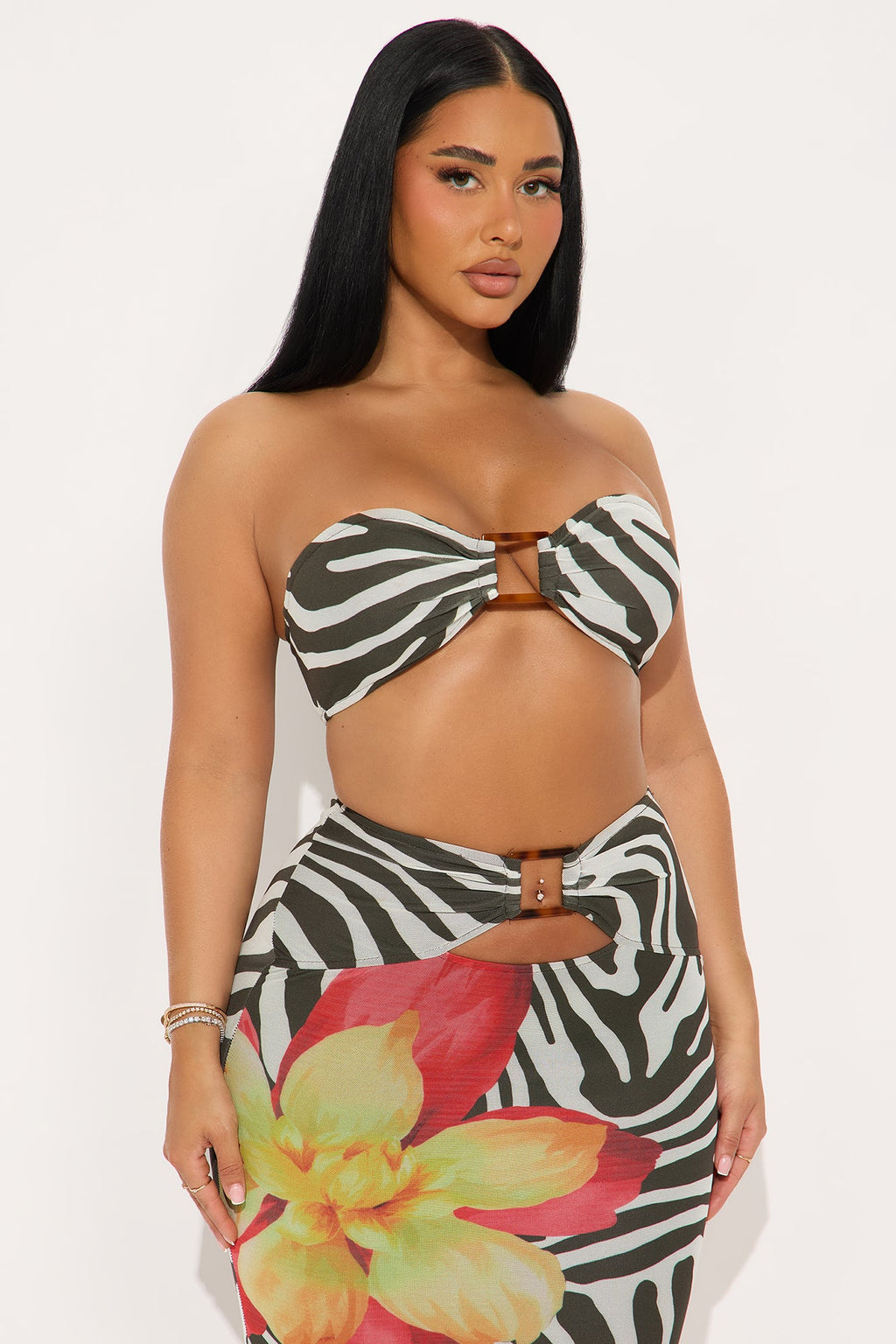 Exotic Breeze Mesh Maxi Skirt Set - Brown/combo